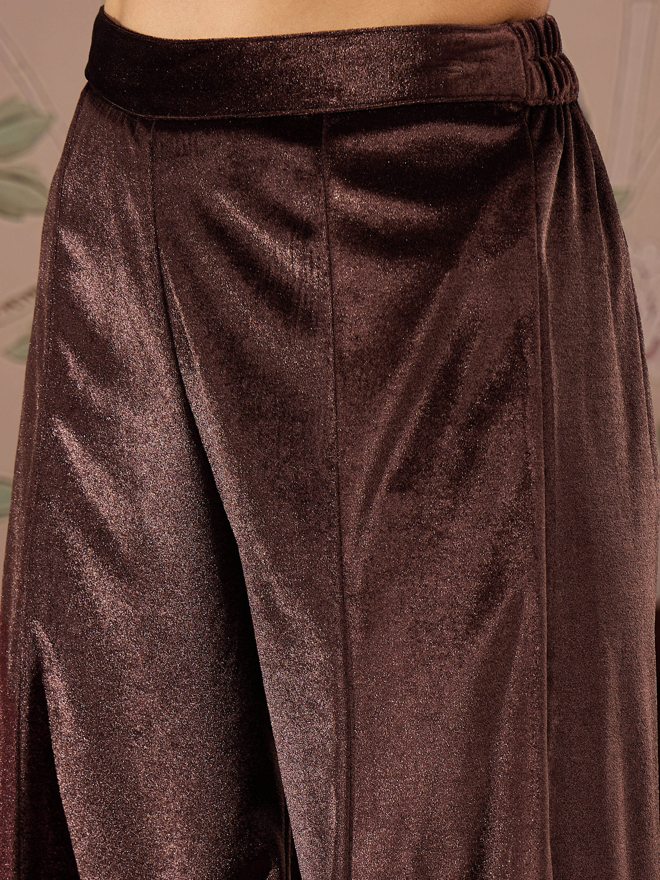 Women Brown Velvet Embroidered Short Kurta With Palazzo Pants - Image 5