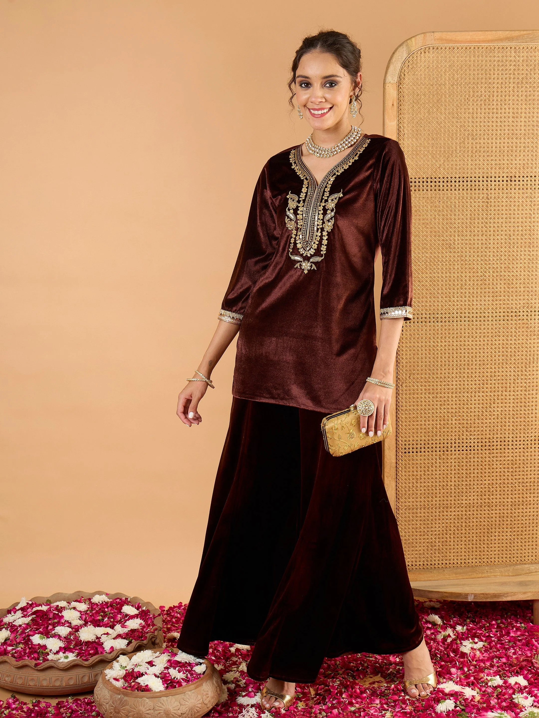 Women Brown Velvet Embroidered Short Kurta With Palazzo - Image 2