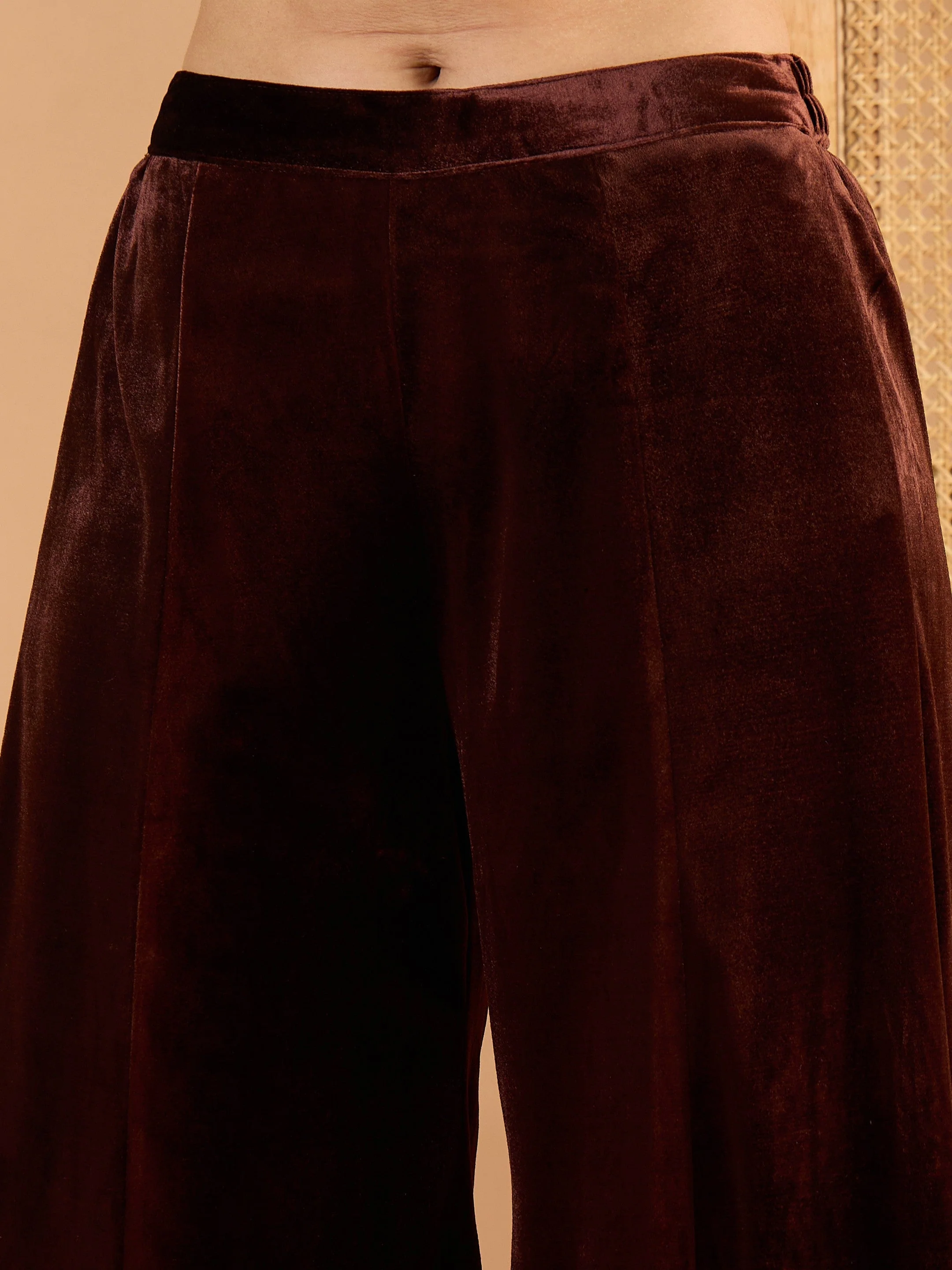 Women Brown Velvet Embroidered Short Kurta With Palazzo - Image 5