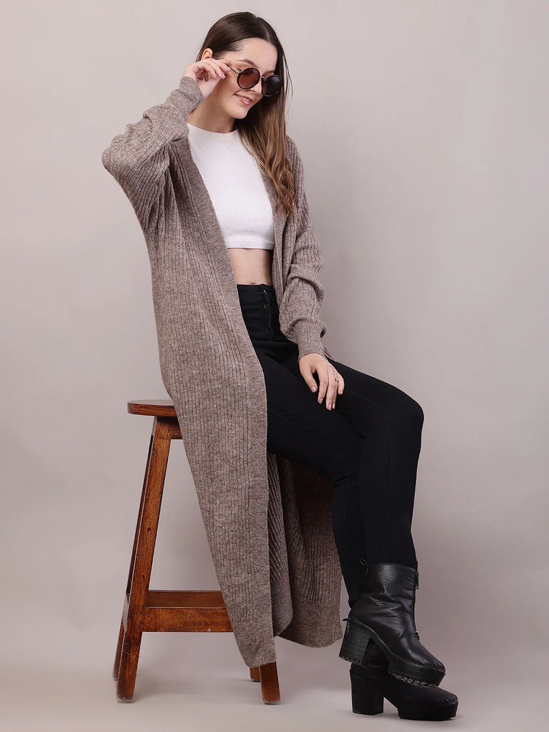 Women Brown Viscose Front Open Long-Line Shrug - Image 2