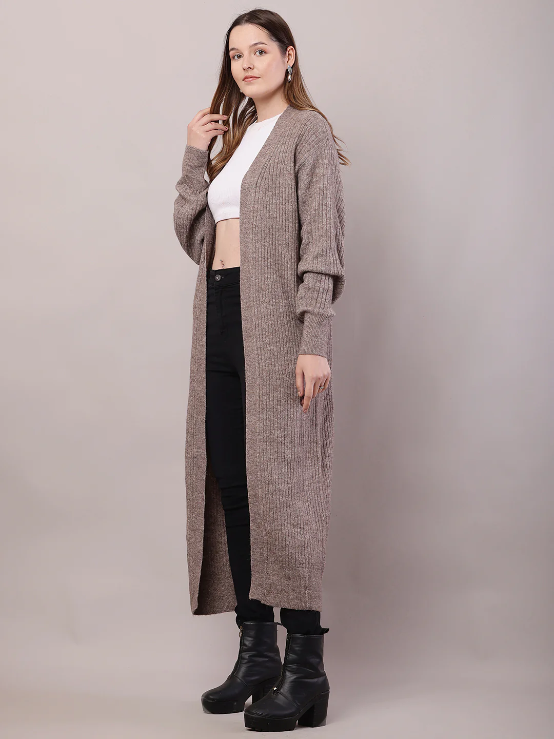 Women Brown Viscose Front Open Long-Line Shrug - Image 3