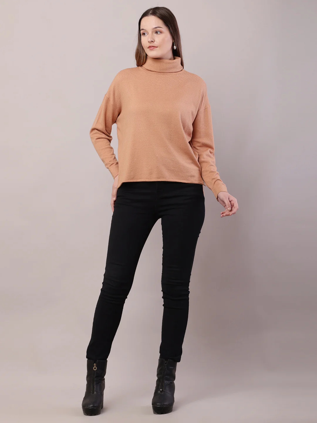 Women Brown Viscose Full Sleeve High-Neck Sweater - Image 3