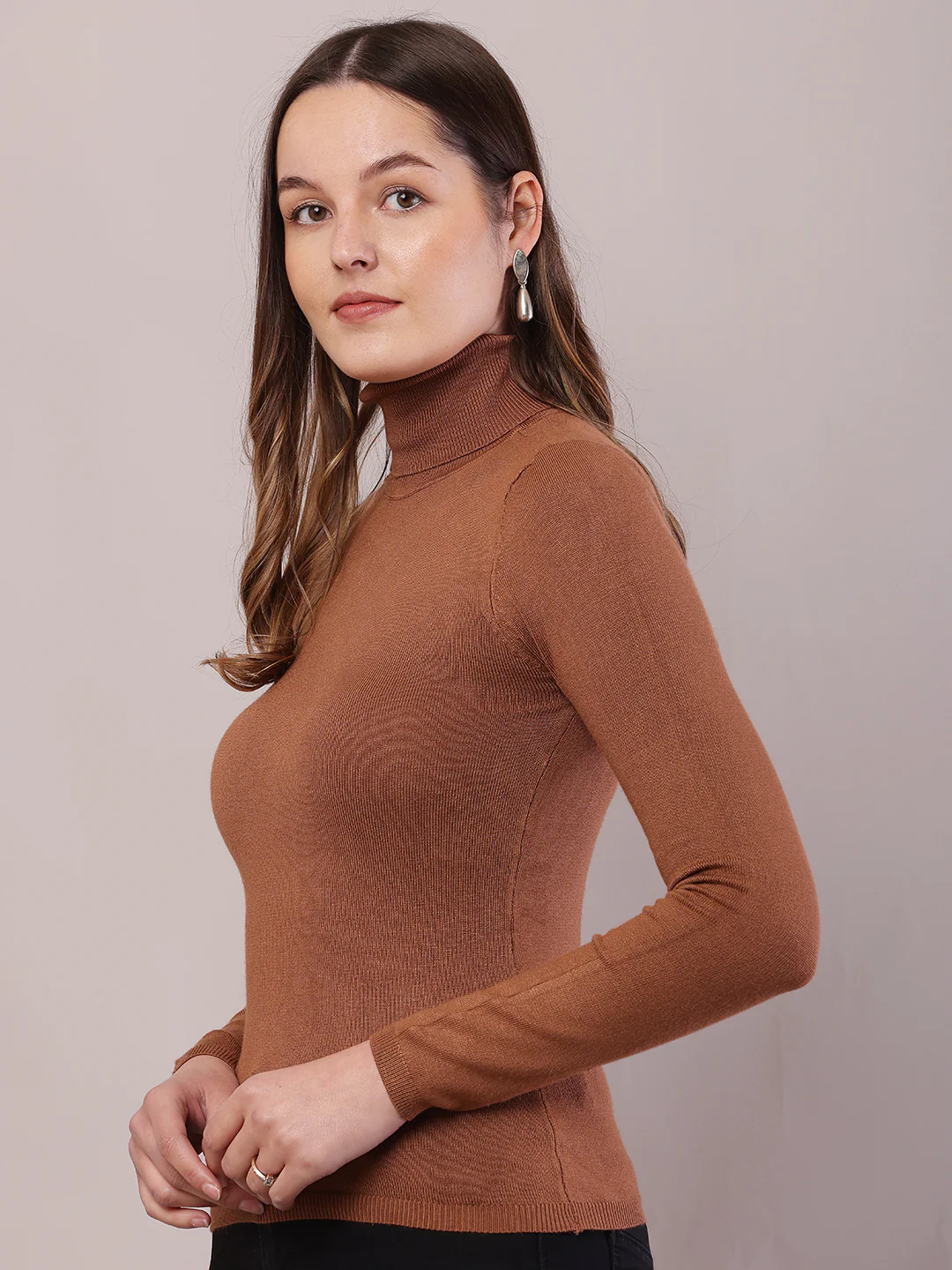 Women Brown Viscose Full Sleeve High-Neck Sweater - Image 2