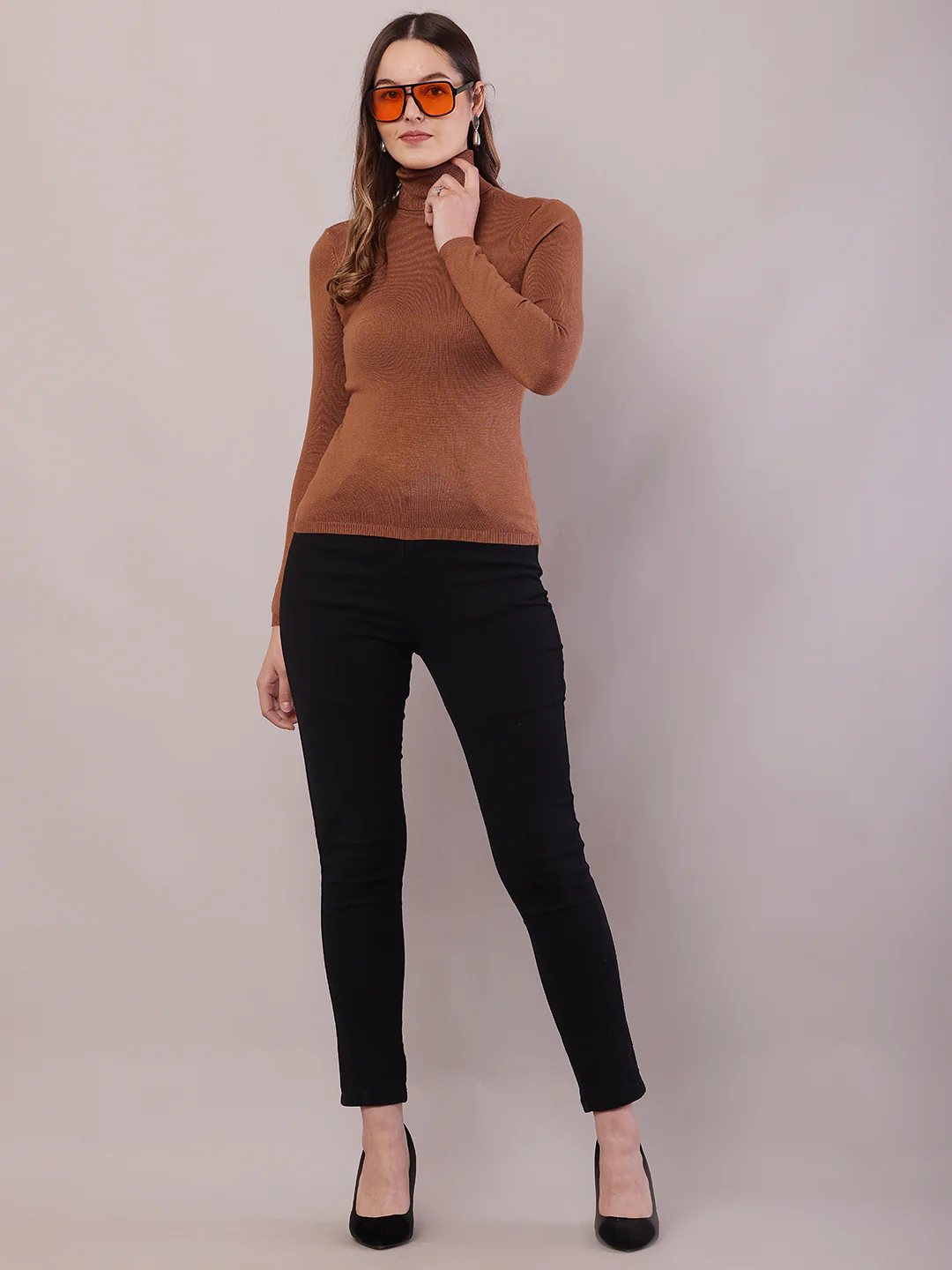 Women Brown Viscose Full Sleeve High-Neck Sweater - Image 3