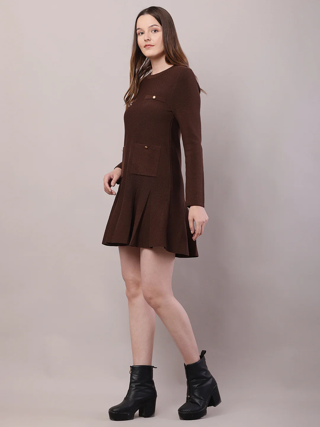 Women Brown Viscose Full Sleeve Round Neck Dress - Image 2