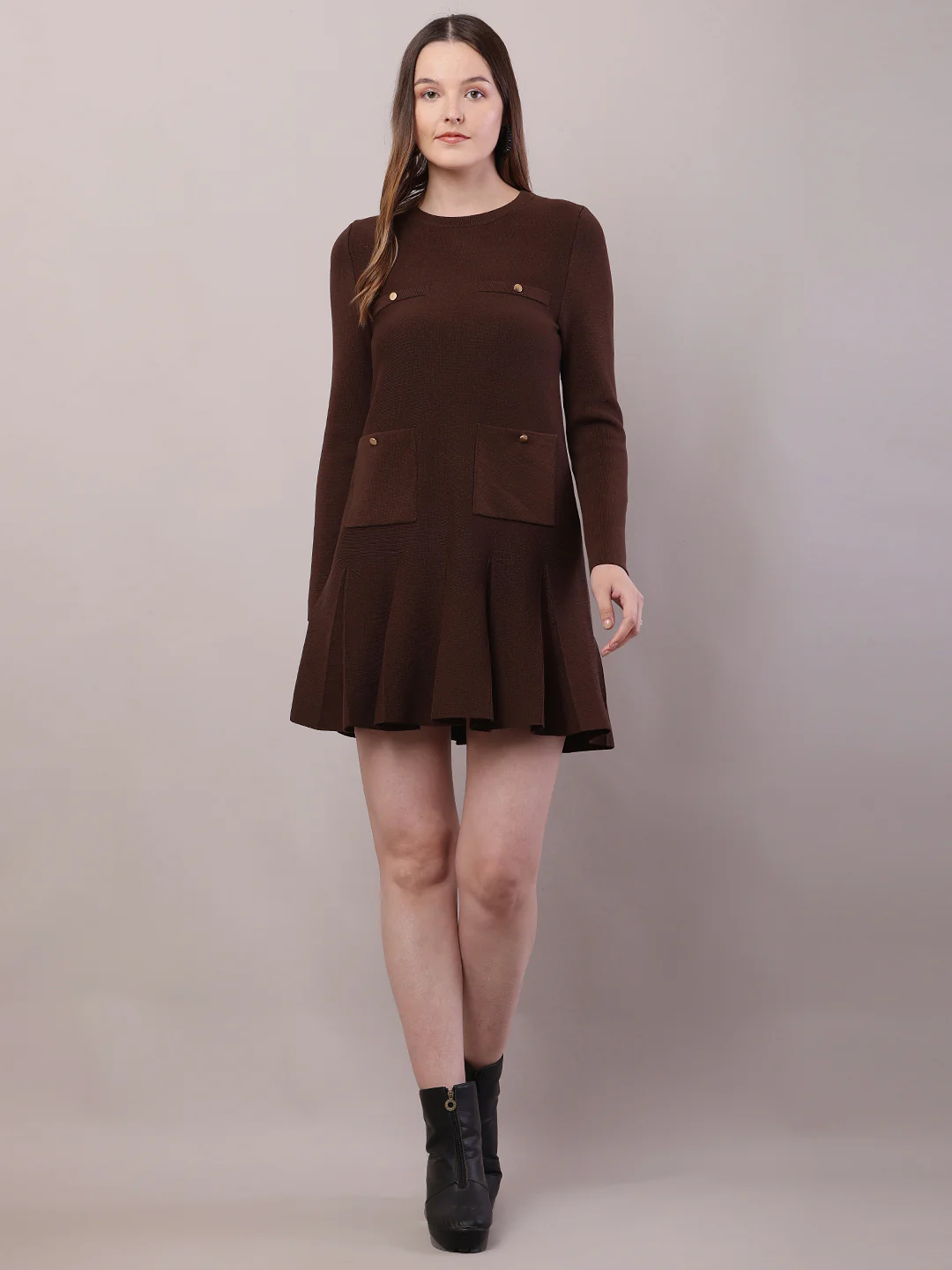 Women Brown Viscose Full Sleeve Round Neck Dress - Image 3