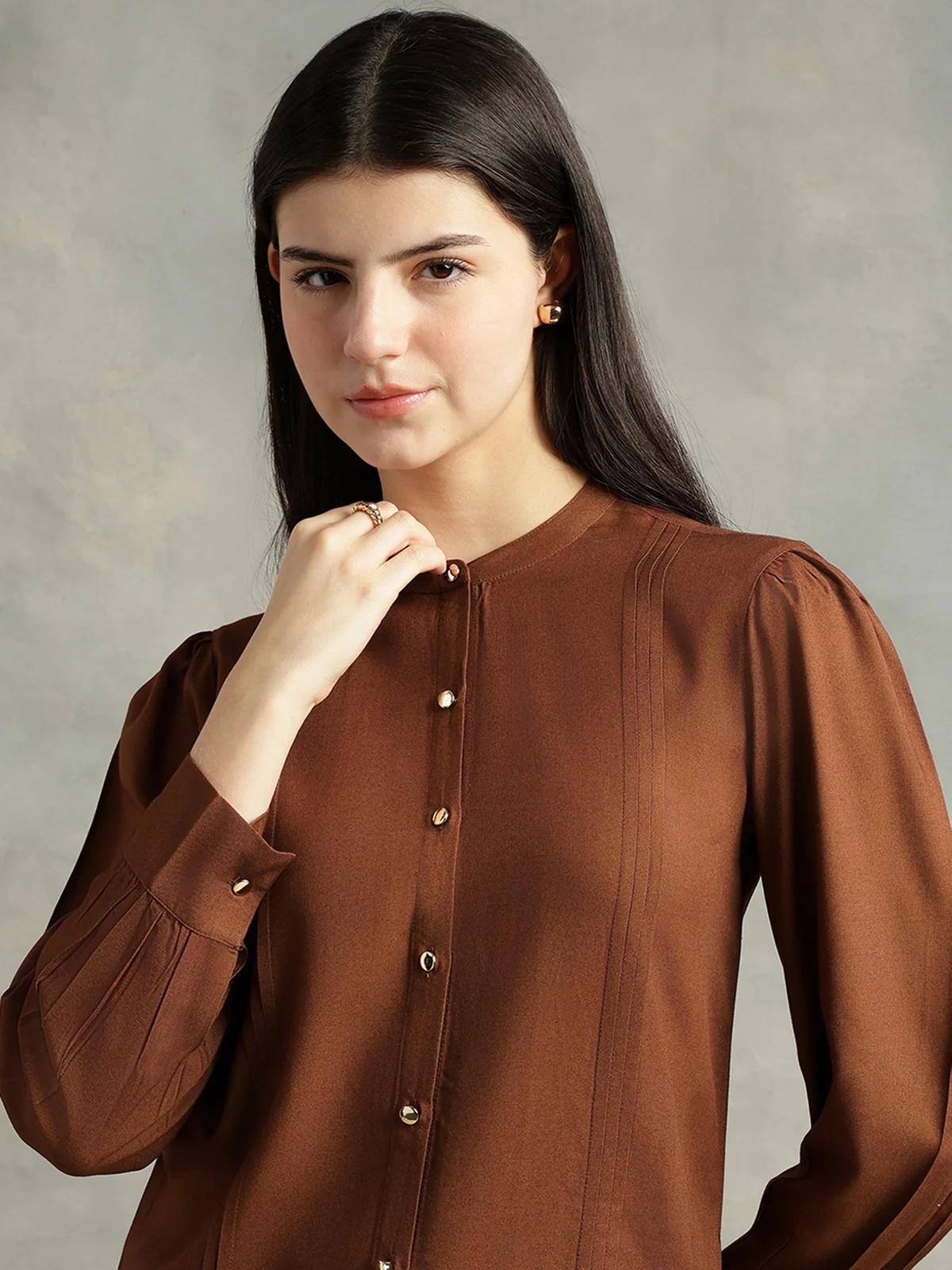 Women Brown Viscose Rayon Mandarin Shirt - Image 2