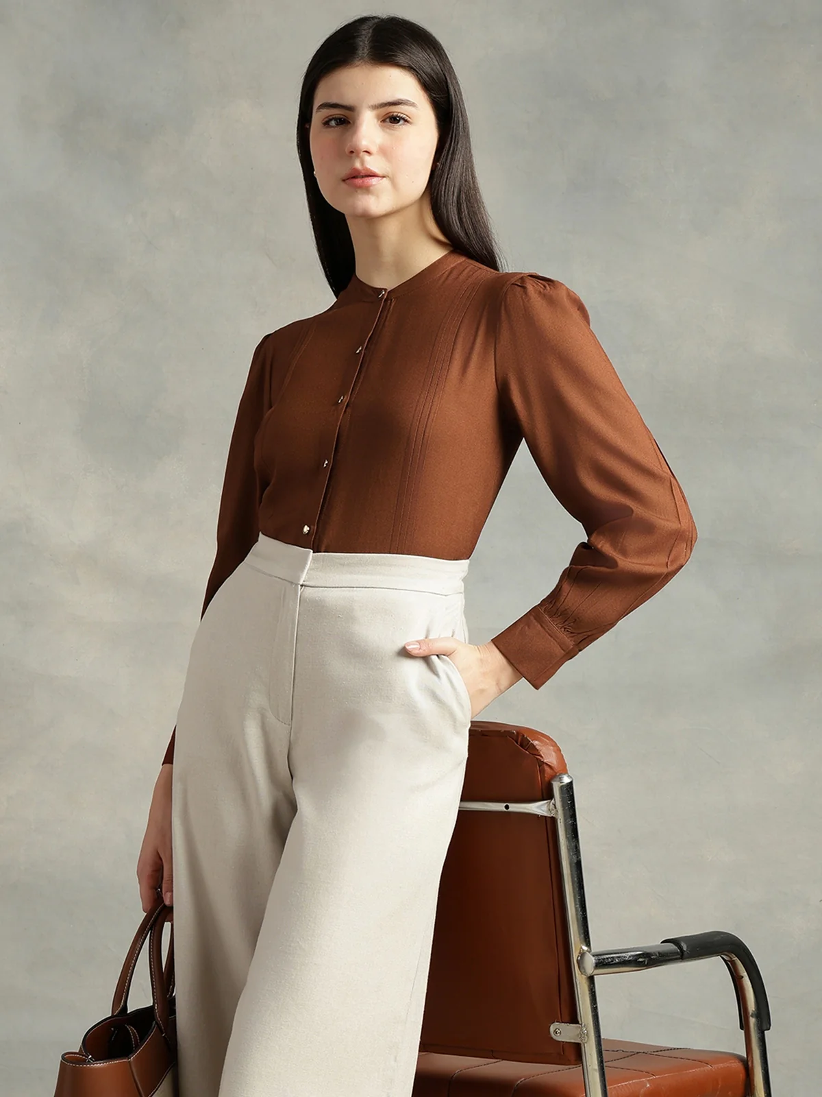 Women Brown Viscose Rayon Mandarin Shirt - Image 3