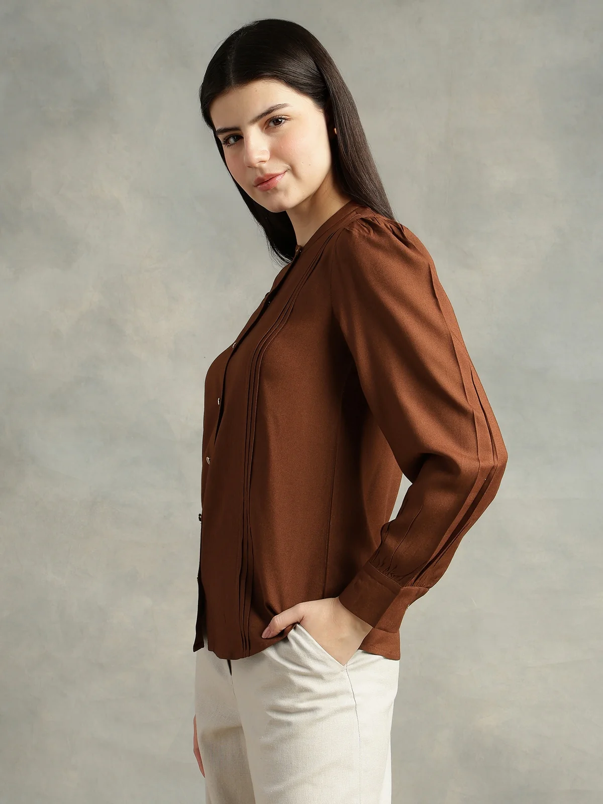 Women Brown Viscose Rayon Mandarin Shirt - Image 5