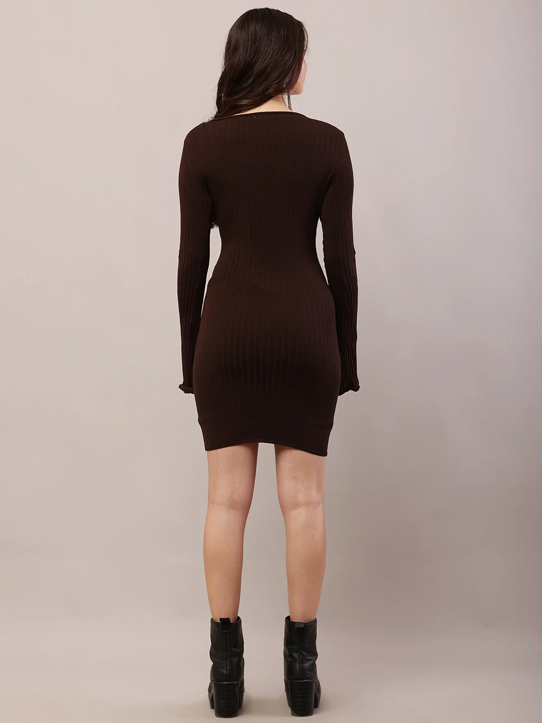 Women brown viscose ribbed full sleeve bodycon dress - Image 4