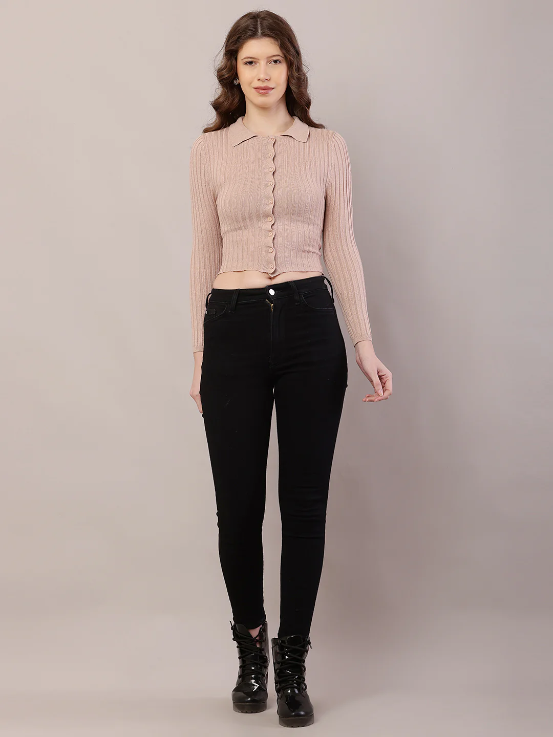 Women Brown Viscose Ribbed Shirt Collar Cardigan - Image 3