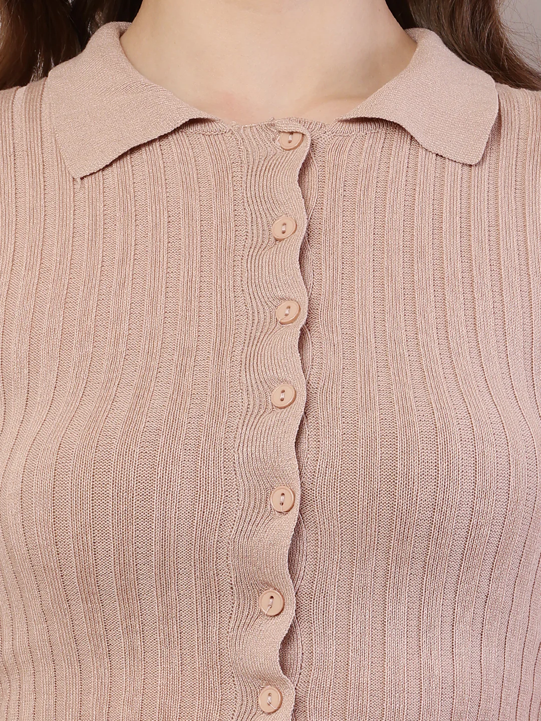 Women Brown Viscose Ribbed Shirt Collar Cardigan - Image 5