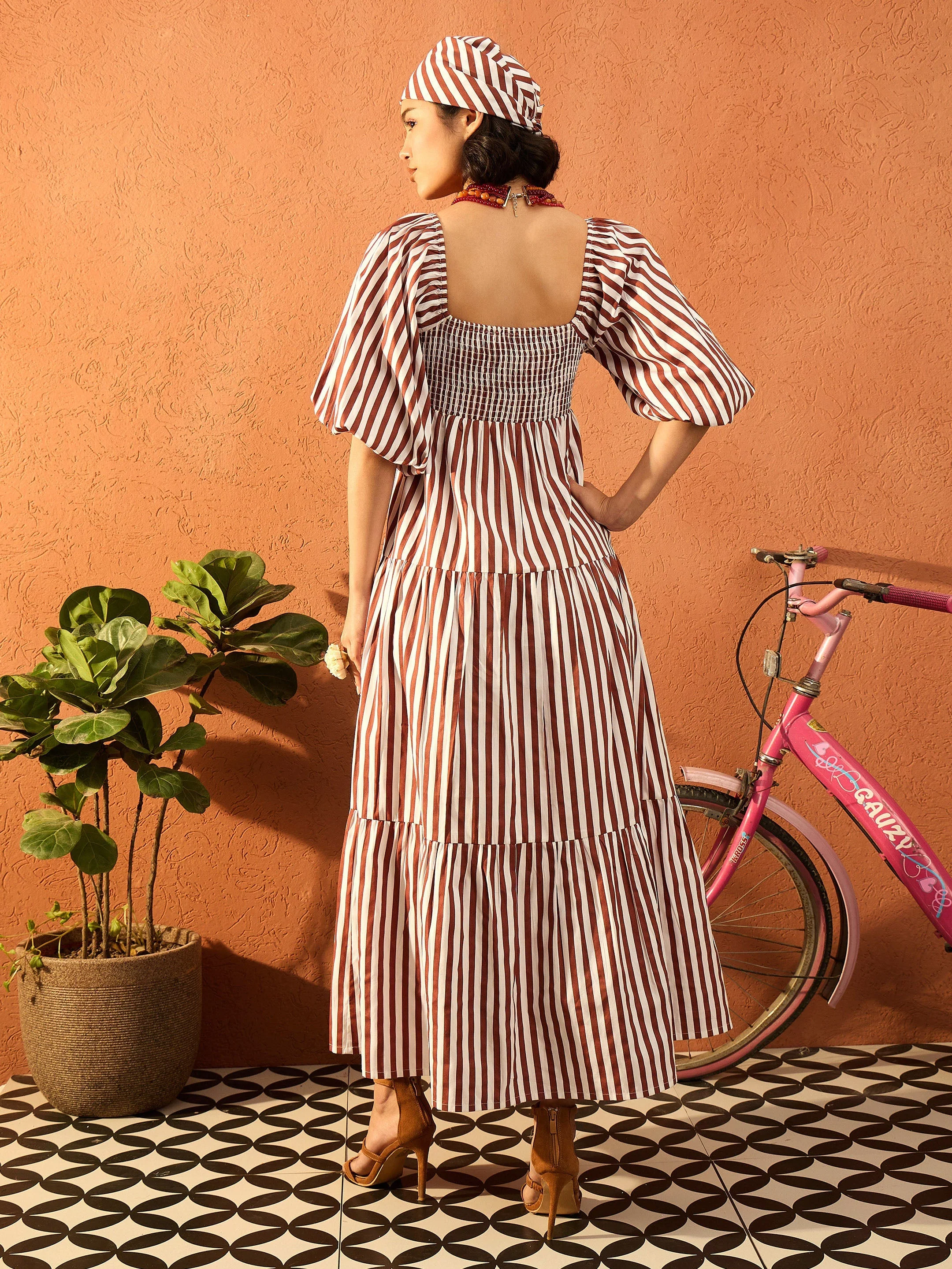 Women Brown & White Stripe Tiered Maxi Dress - Image 2