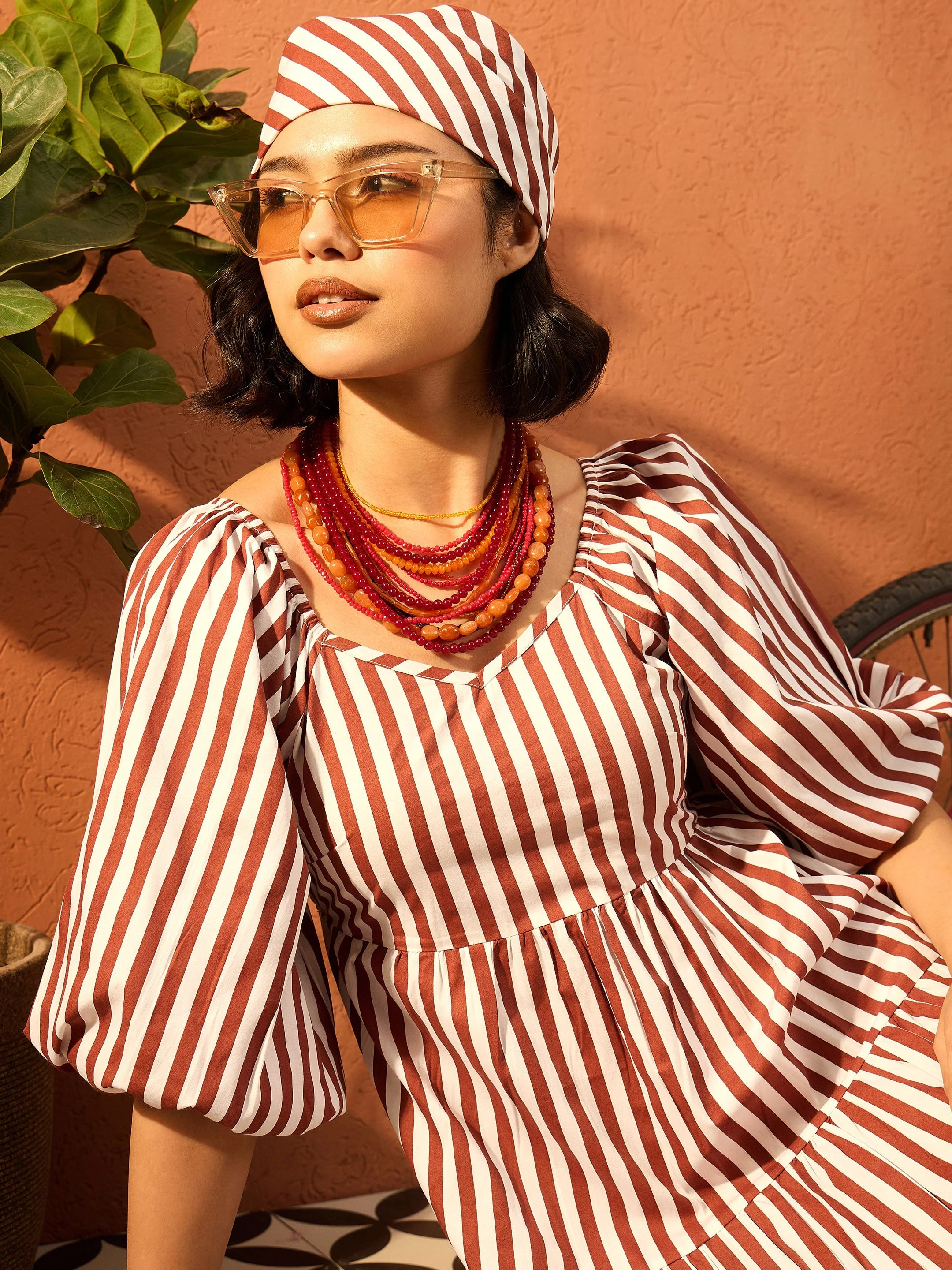 Women Brown & White Stripe Tiered Maxi Dress - Image 3