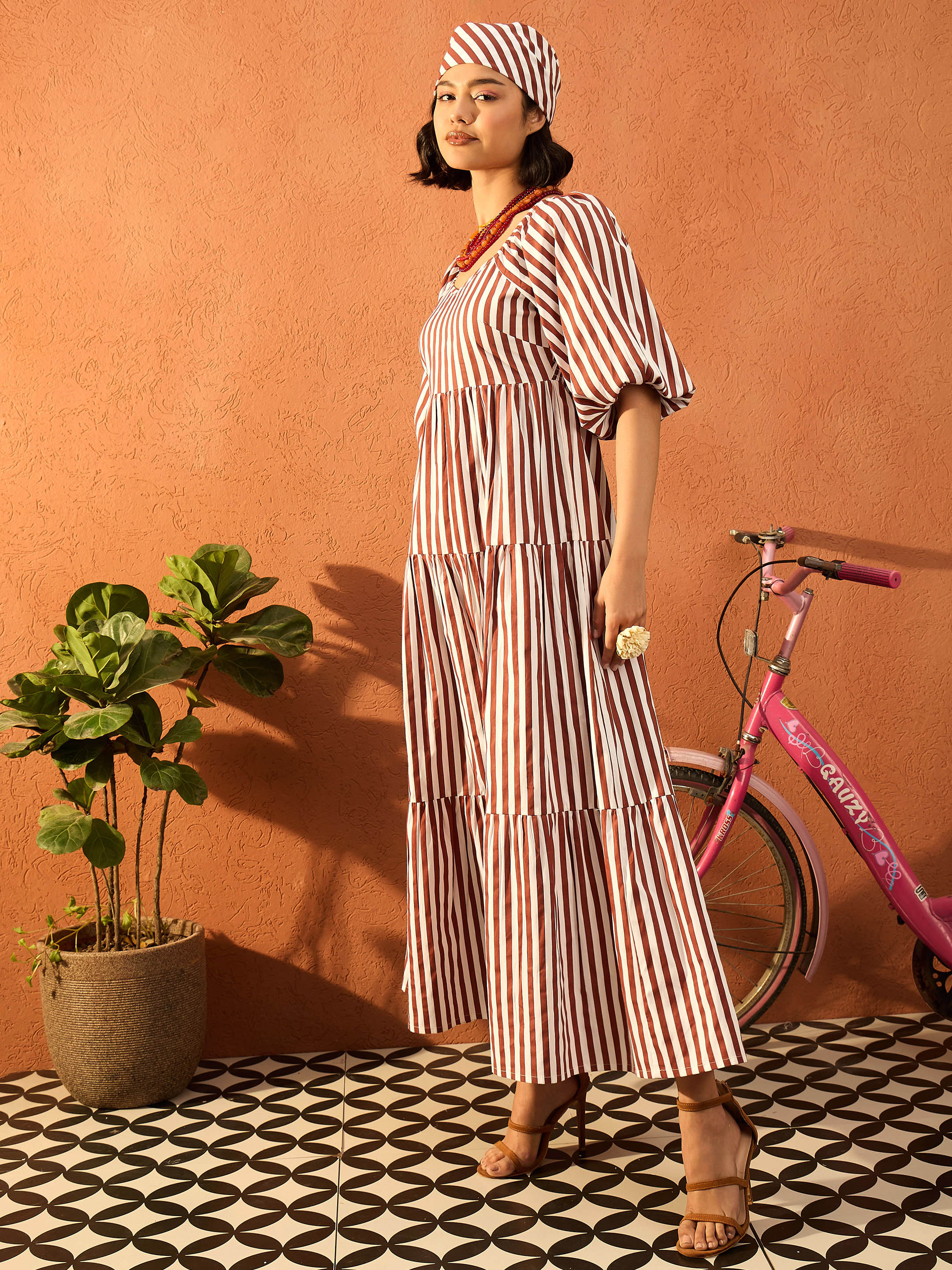 Women Brown & White Stripe Tiered Maxi Dress - Image 5