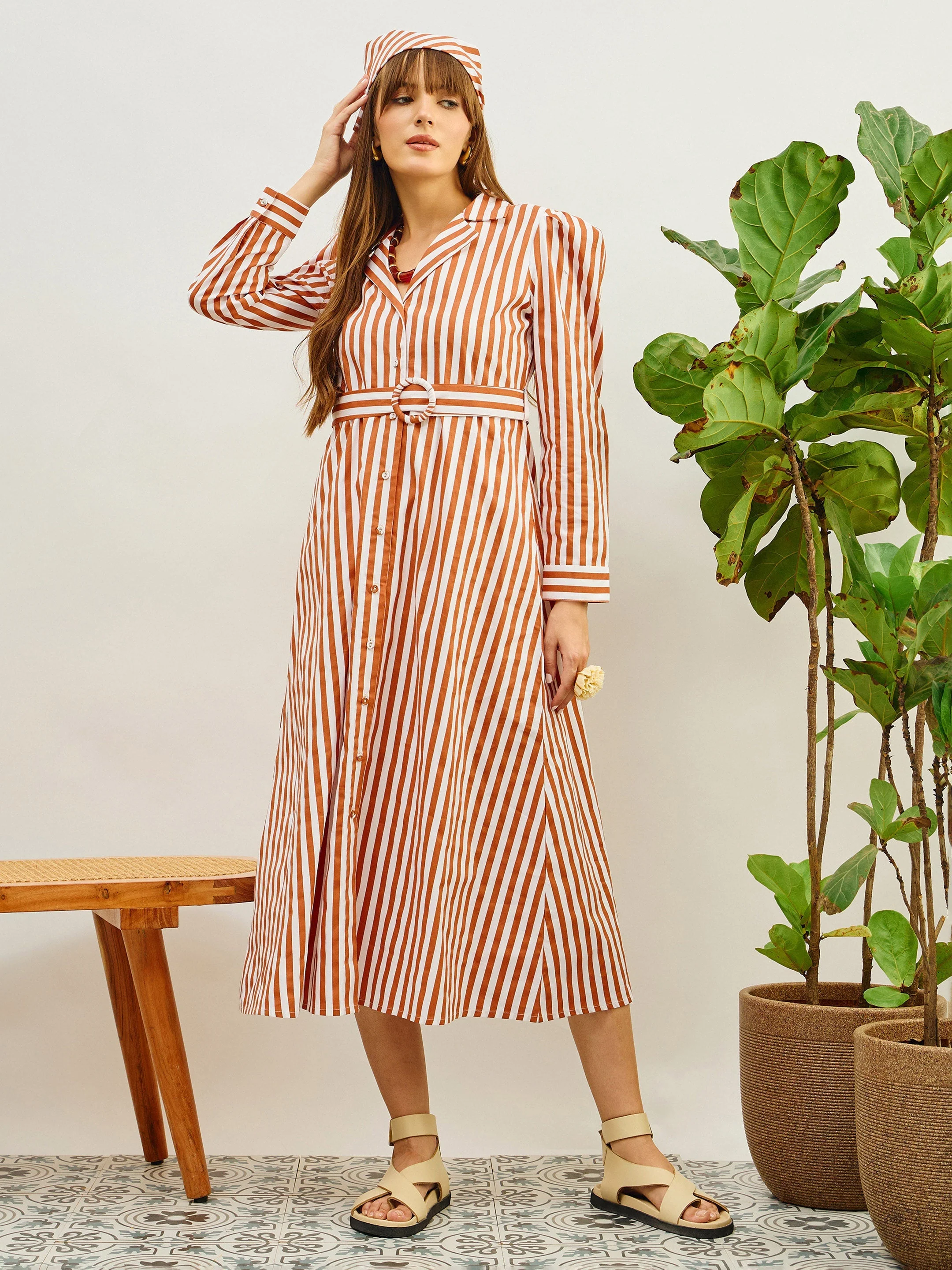 Women Brown & White Striped Poplin Belted Shirt Dress - Image 2