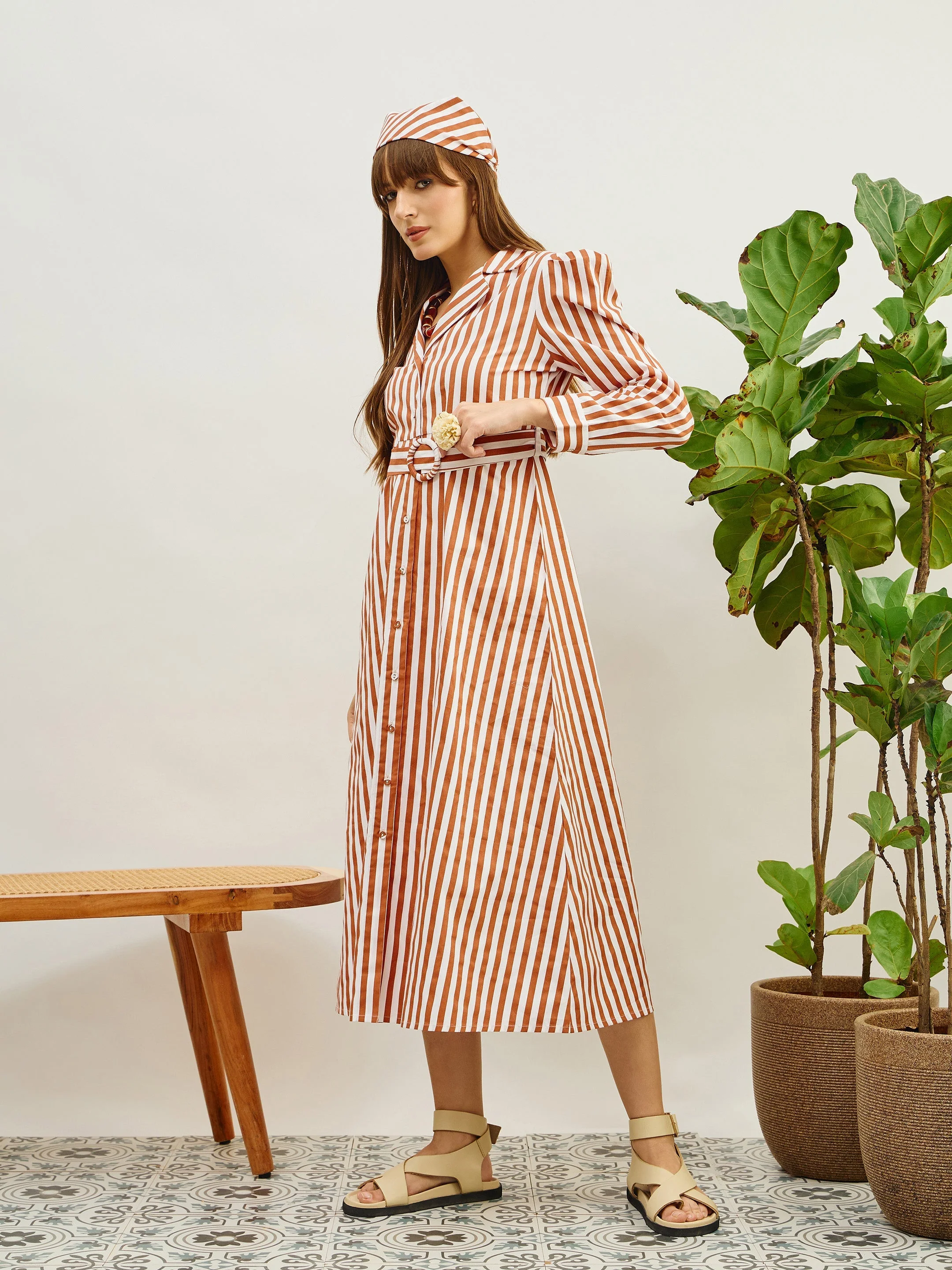 Women Brown & White Striped Poplin Belted Shirt Dress - Image 3