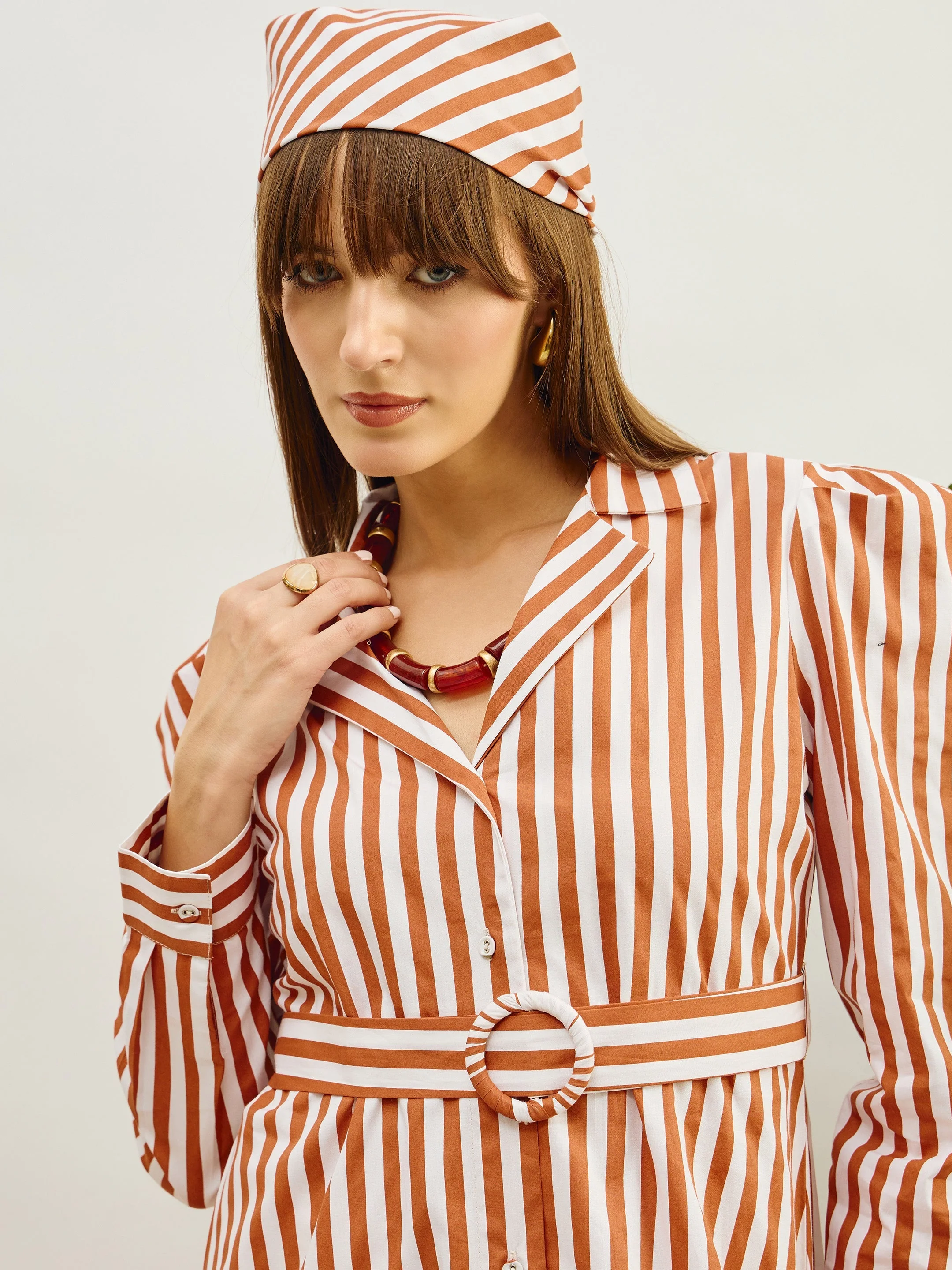 Women Brown & White Striped Poplin Belted Shirt Dress - Image 4