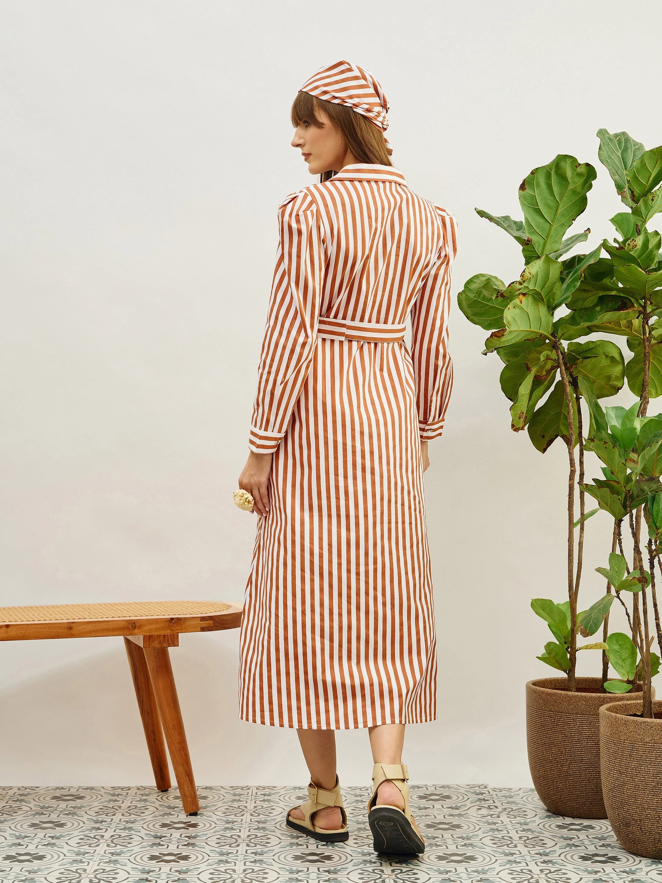 Women Brown & White Striped Poplin Belted Shirt Dress - Image 5