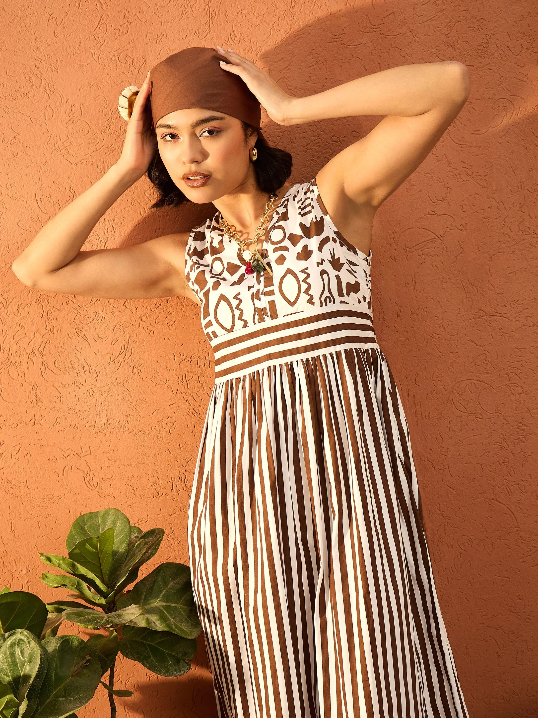 Women Brown & White Stripes Back-Tie Dori Cut-out Tiered Maxi - Image 2