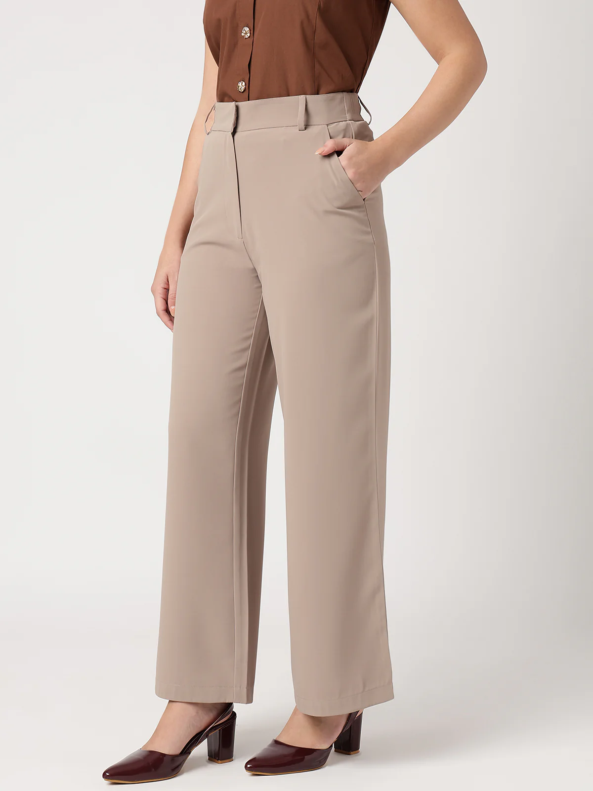 Women Brown Wide Leg Trousers - Image 3