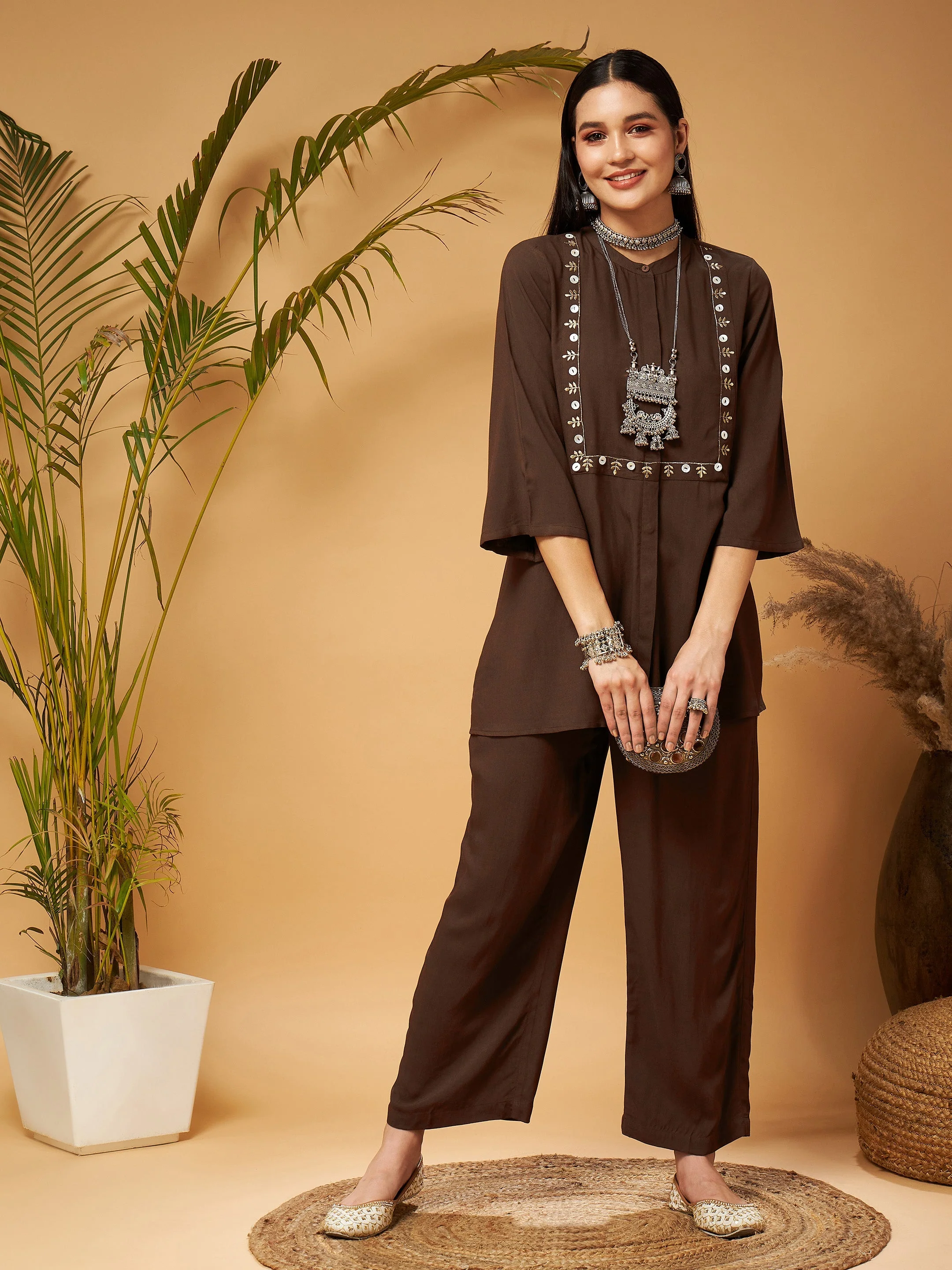 Women Brown Zari Embroidered Top With Palazzos - Image 2