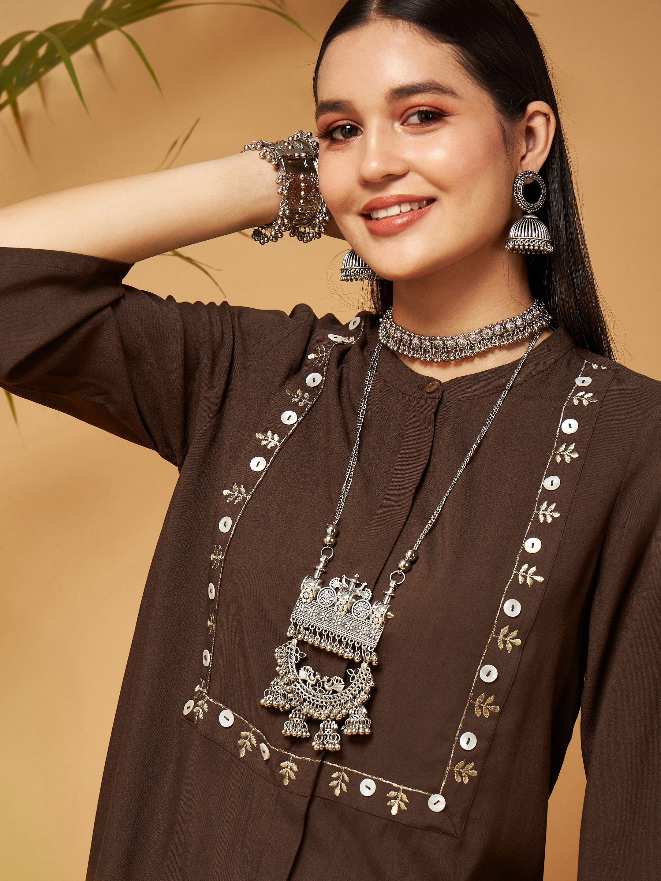 Women Brown Zari Embroidered Top With Palazzos - Image 4