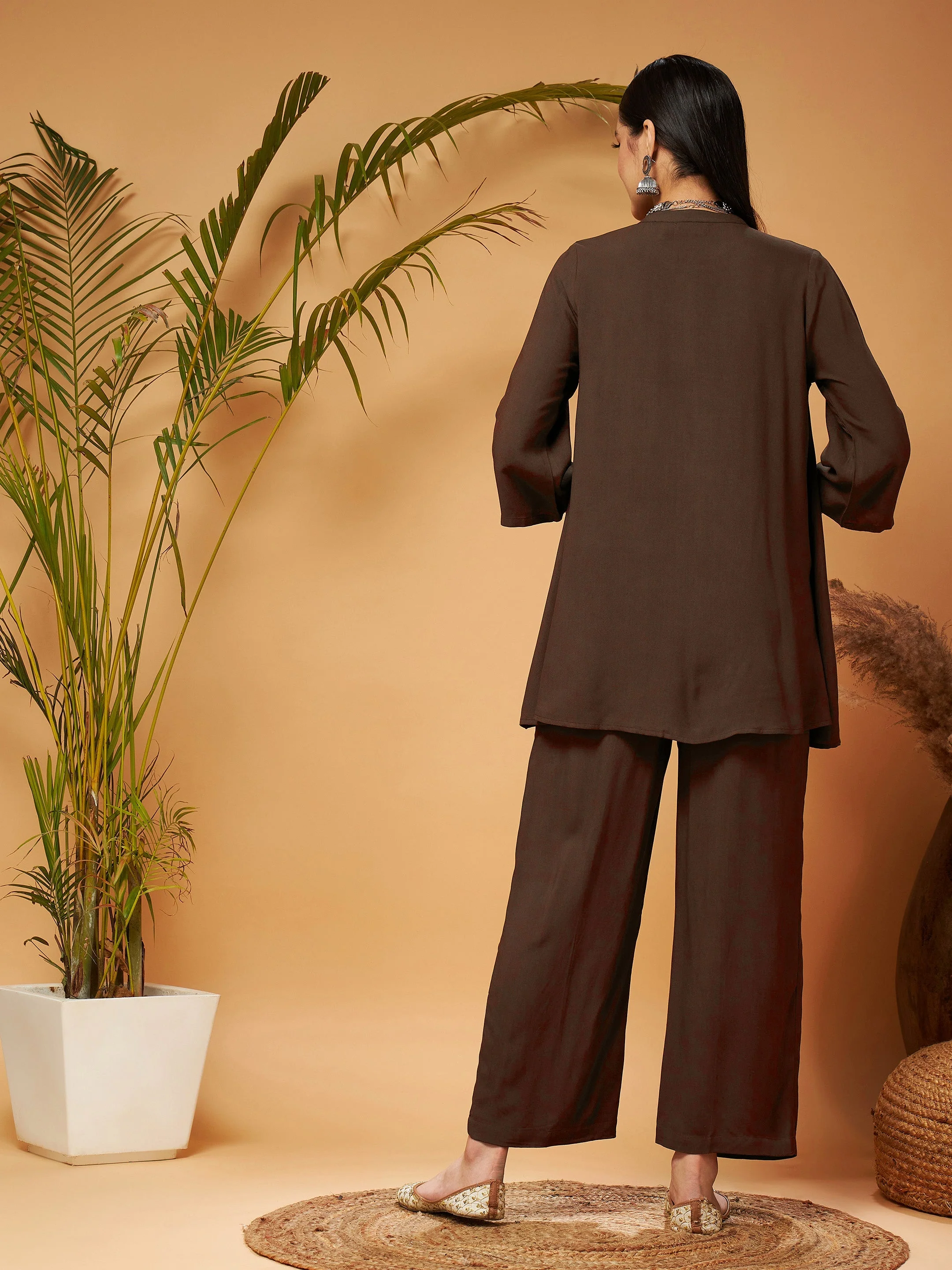 Women Brown Zari Embroidered Top With Palazzos - Image 6