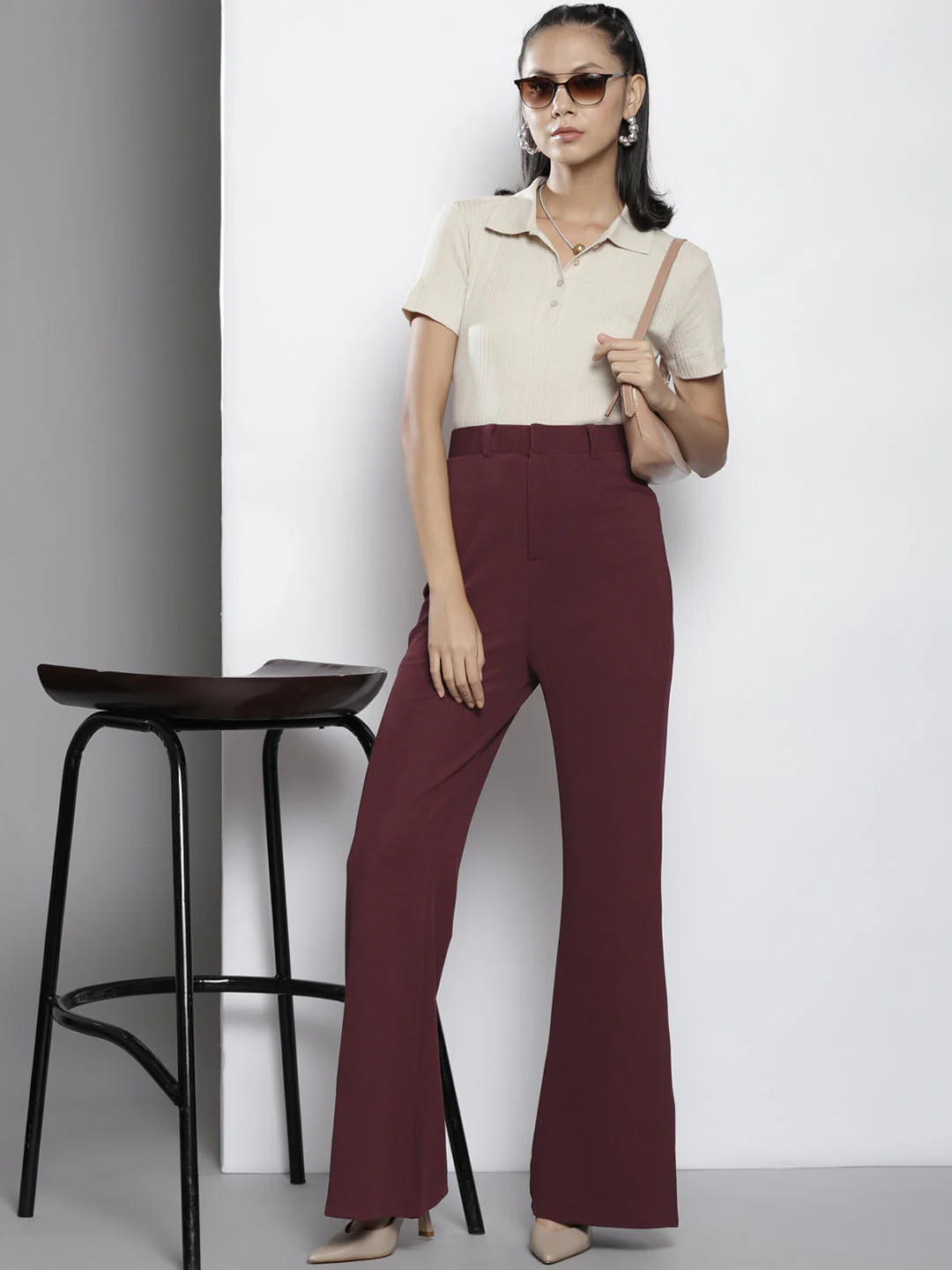 Women Burgundy Bell Bottom Knitted Pants - Image 2