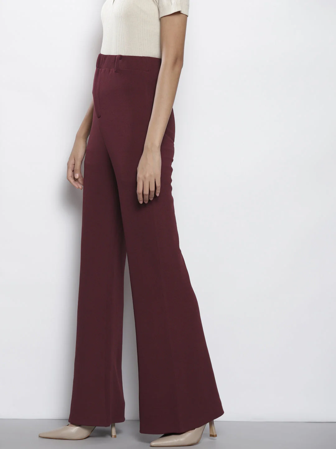 Women Burgundy Bell Bottom Knitted Pants - Image 3