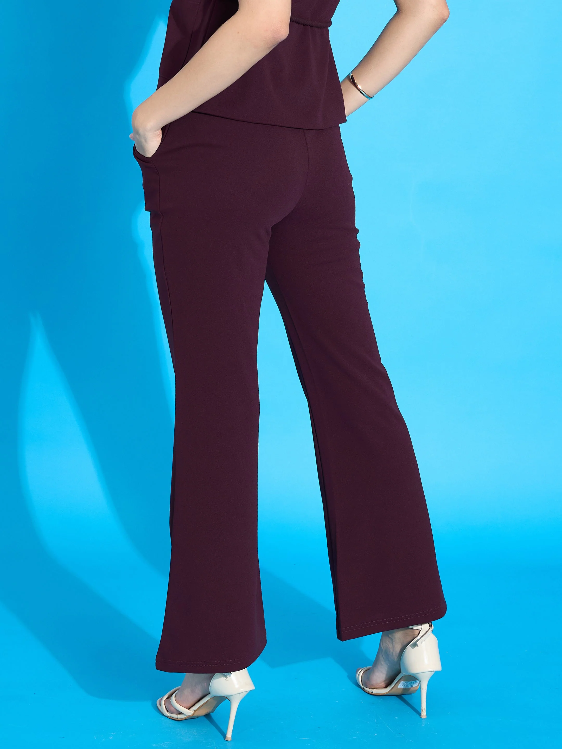 Women Burgundy Bell Bottom Slim Pants - Image 5