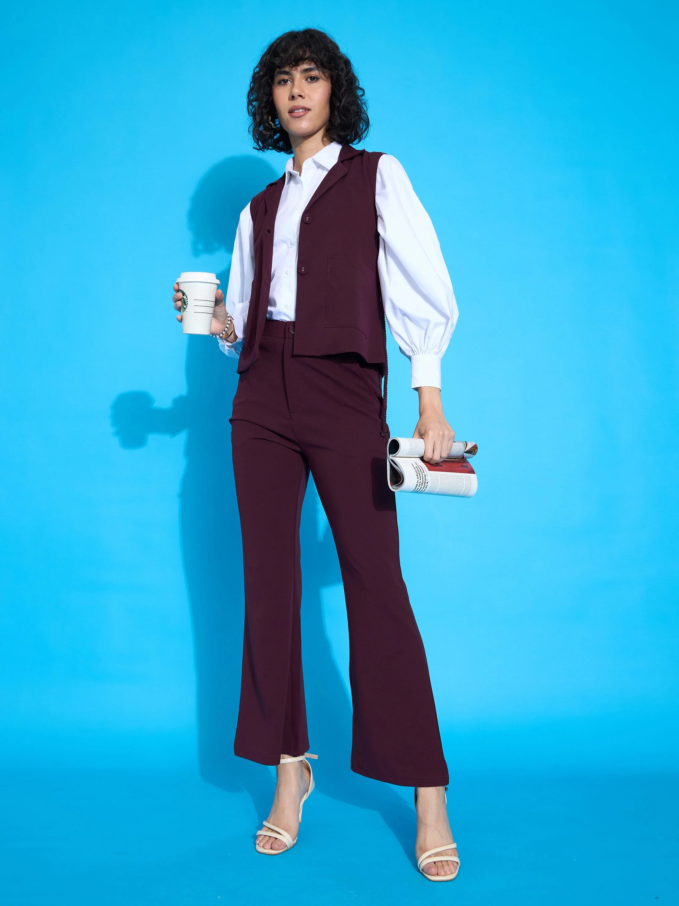 Women Burgundy Bell Bottom Slim Pants - Image 6