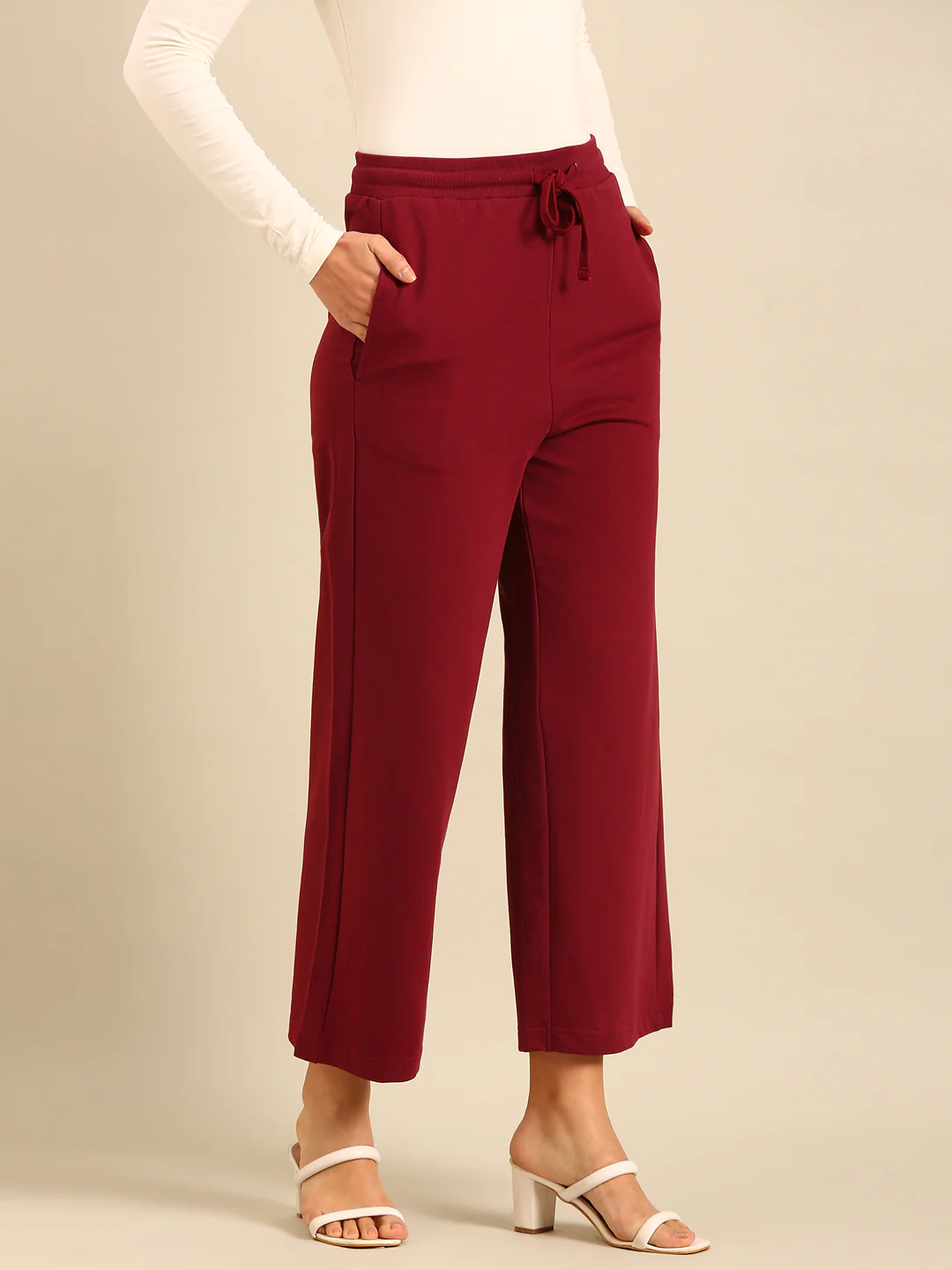 Women Burgundy Casual Pants - Image 5