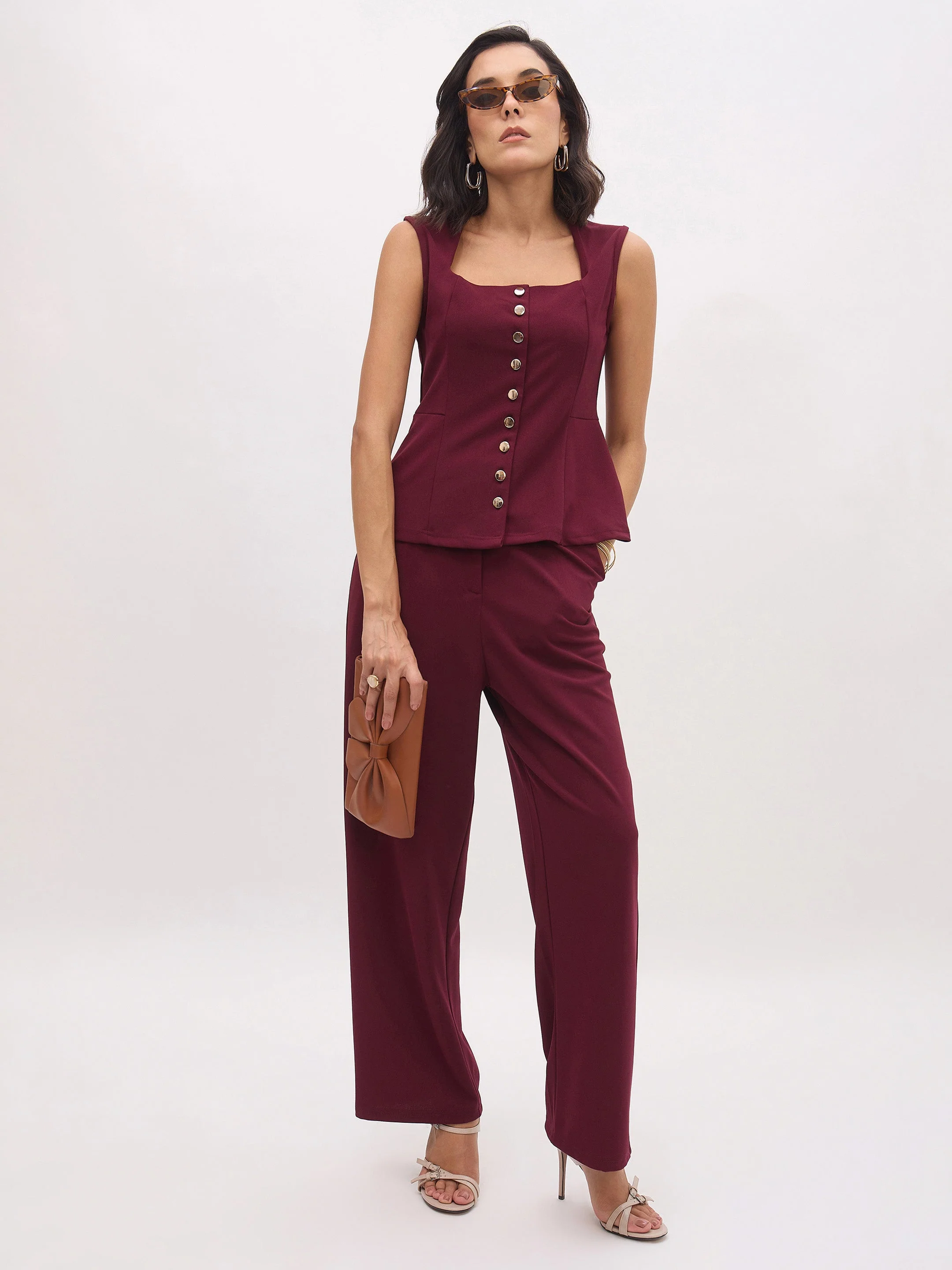 Women Burgundy Cross Pocket Pants - Image 2