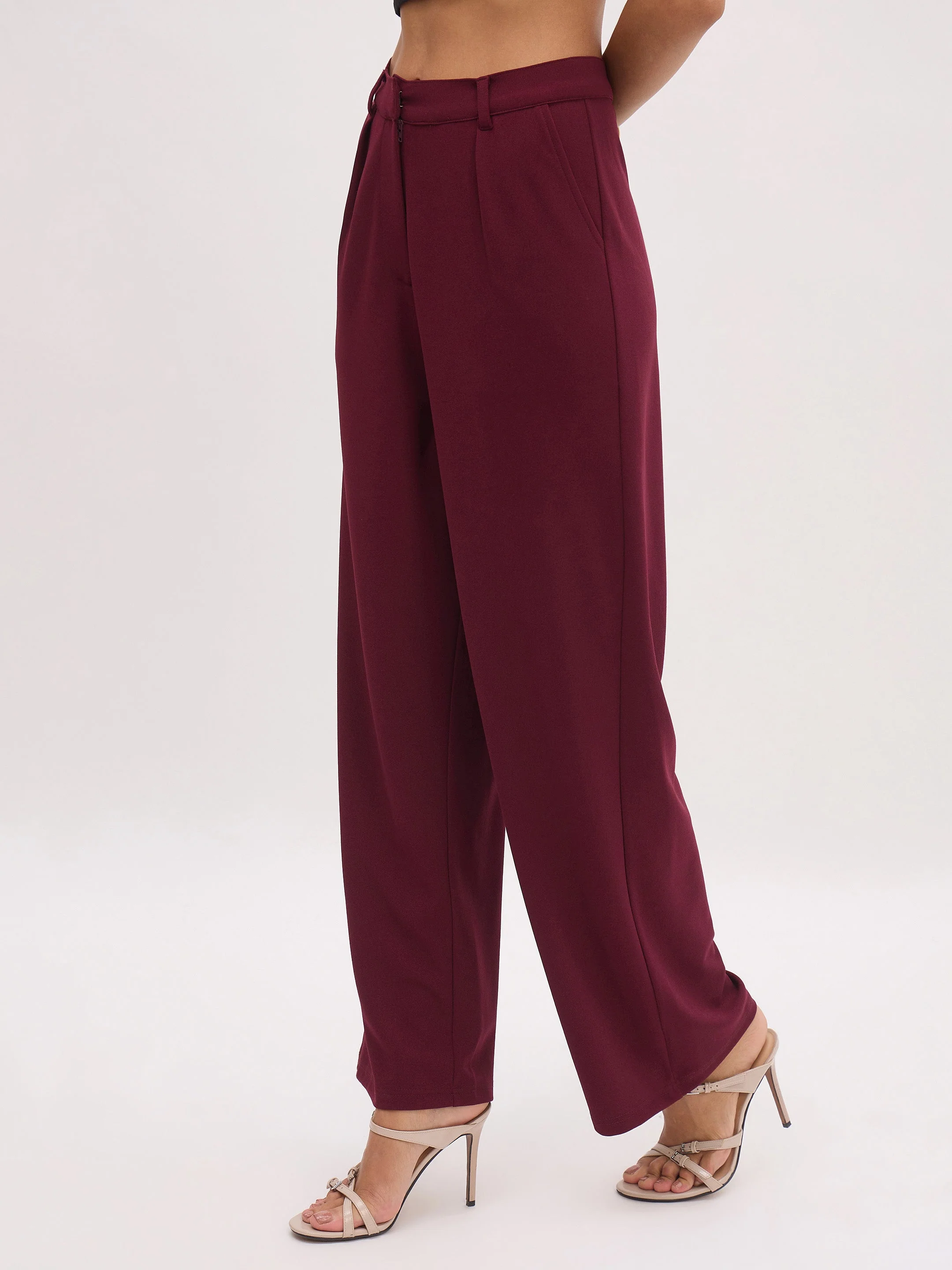Women Burgundy Cross Pocket Pants - Image 3