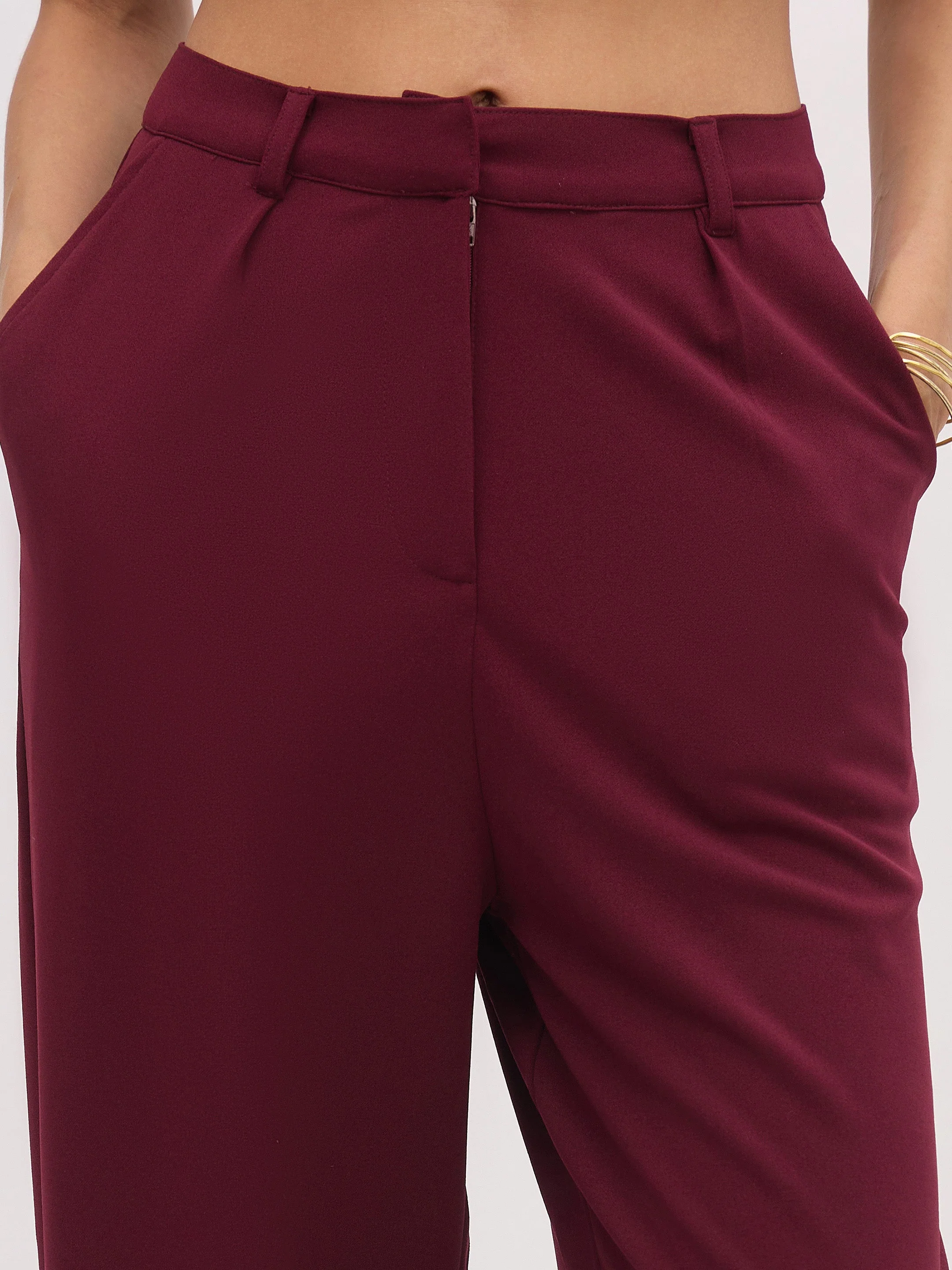 Women Burgundy Cross Pocket Pants - Image 4