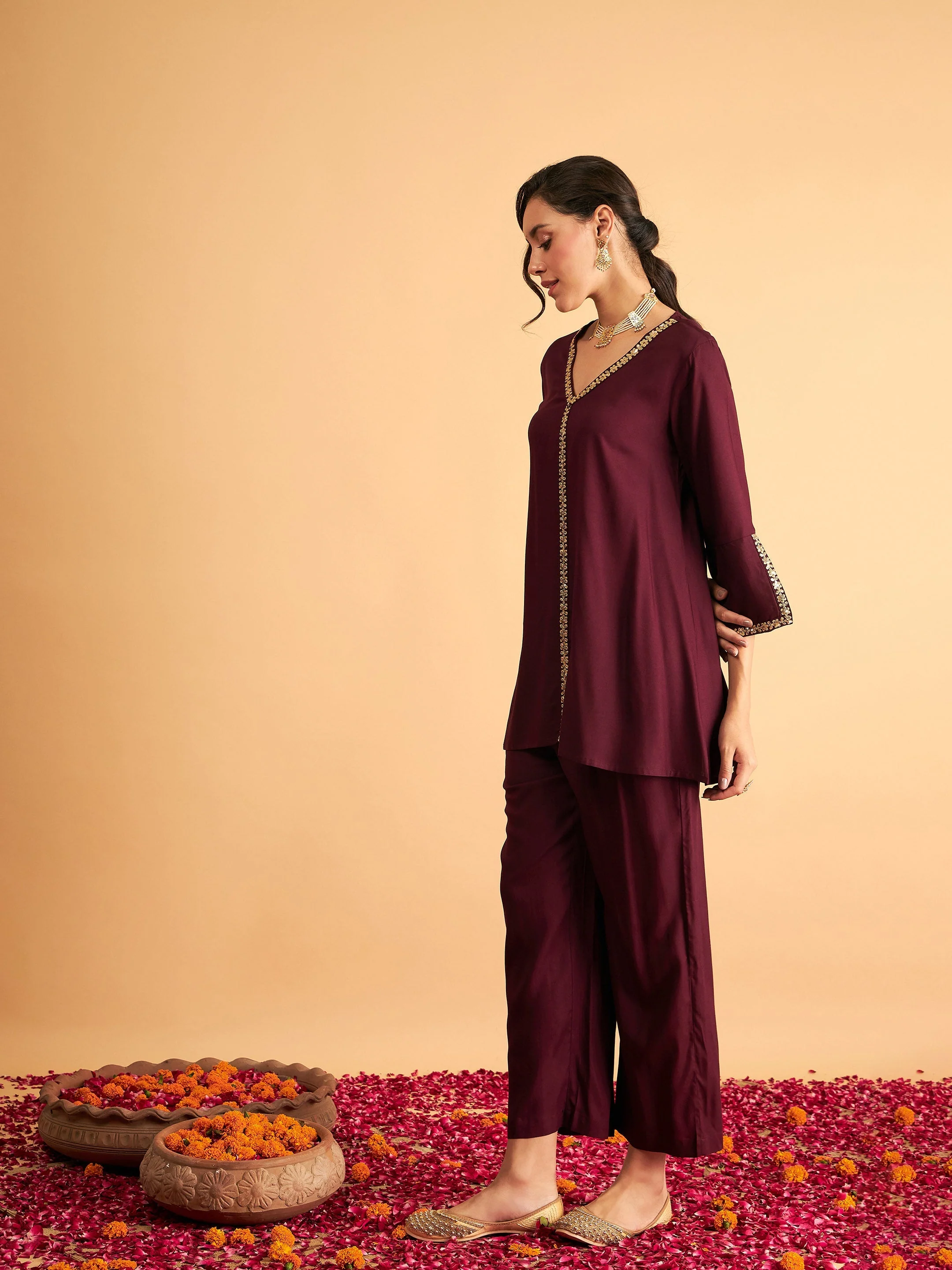 Women Burgundy Embroidered A Line Top With Straight Pants - Image 3