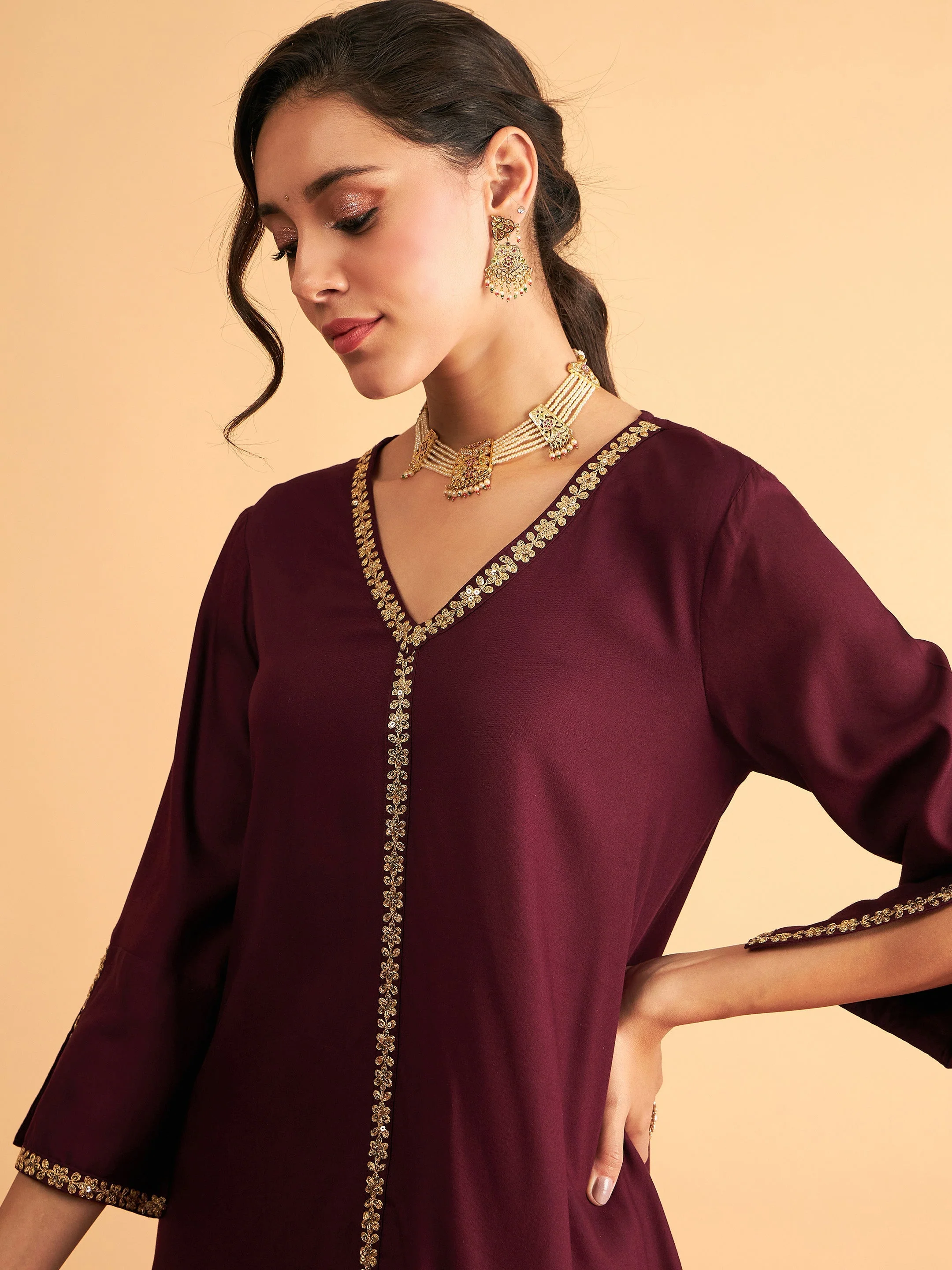 Women Burgundy Embroidered A Line Top With Straight Pants - Image 4
