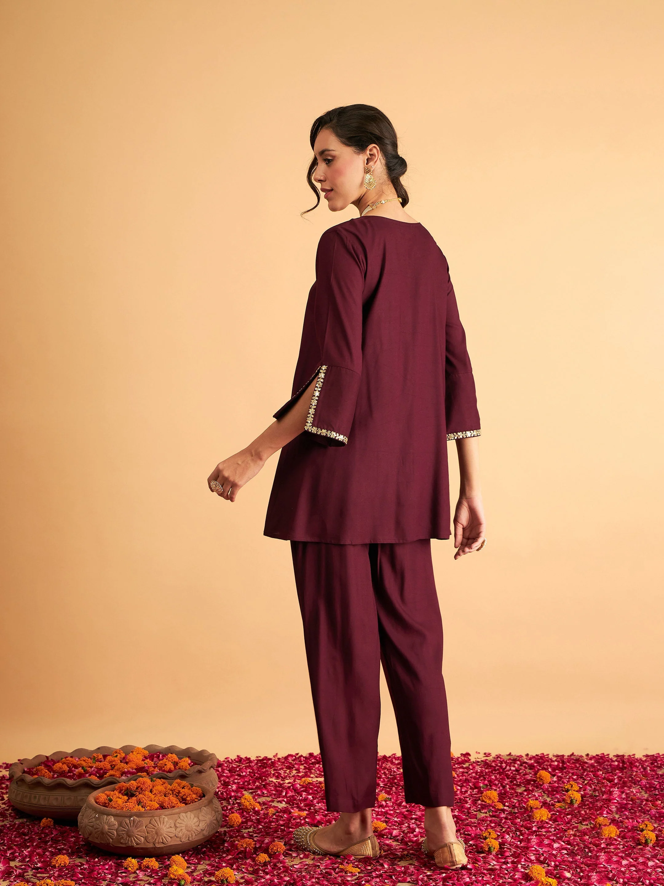 Women Burgundy Embroidered A Line Top With Straight Pants - Image 6