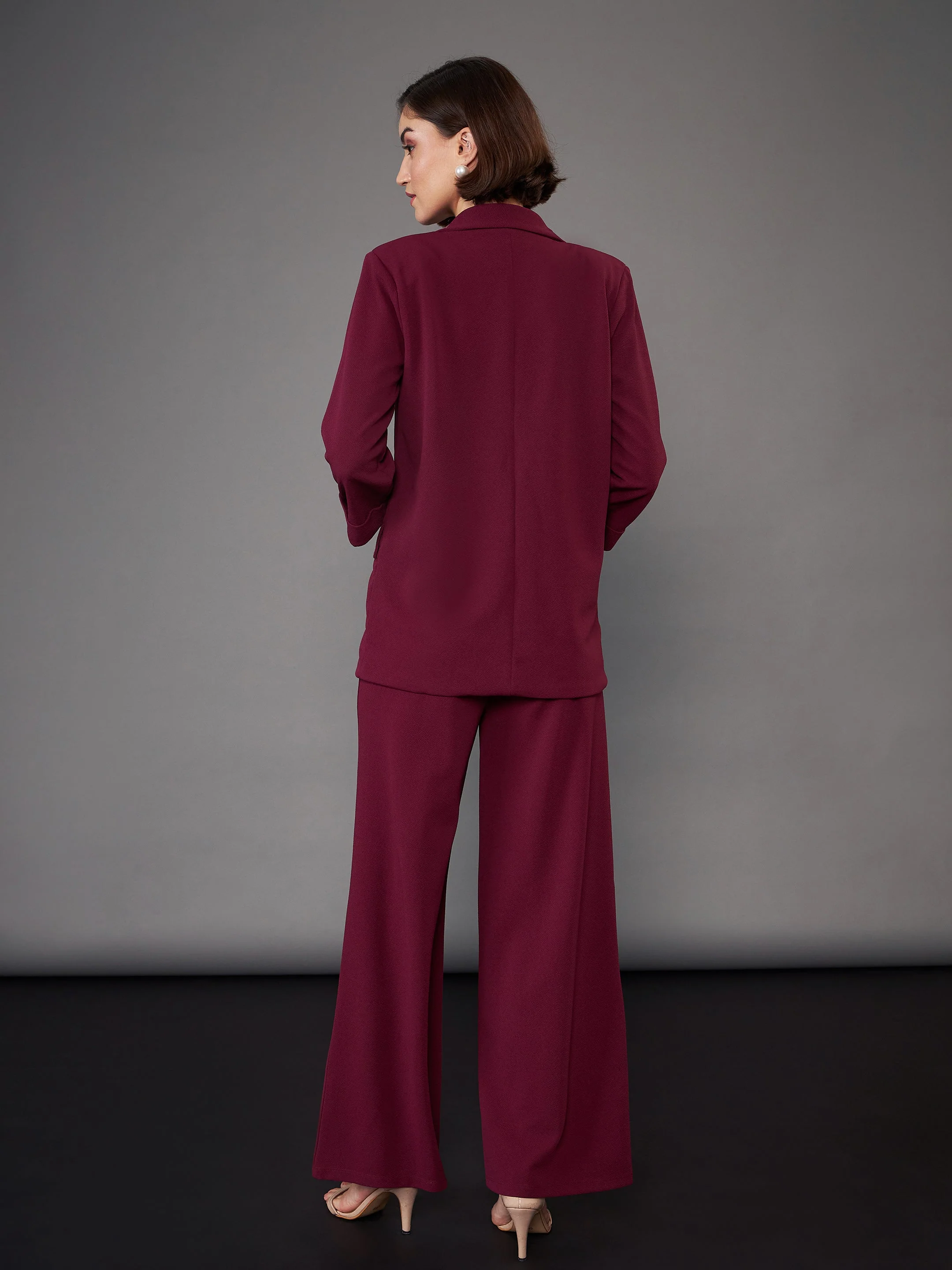 Women Burgundy Front Button Blazer With Palazzo Pants - Image 2