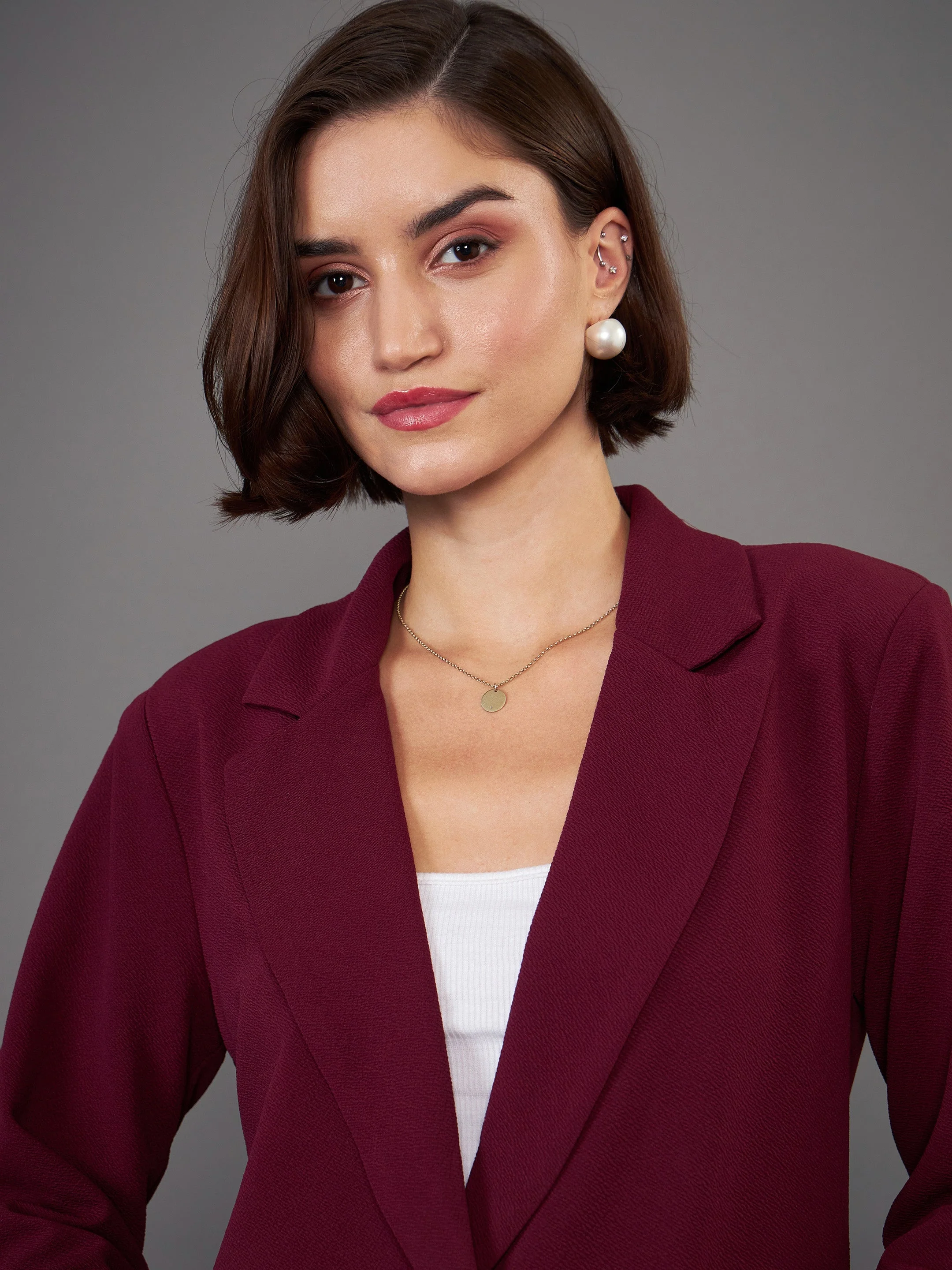 Women Burgundy Front Button Blazer With Palazzo Pants - Image 3