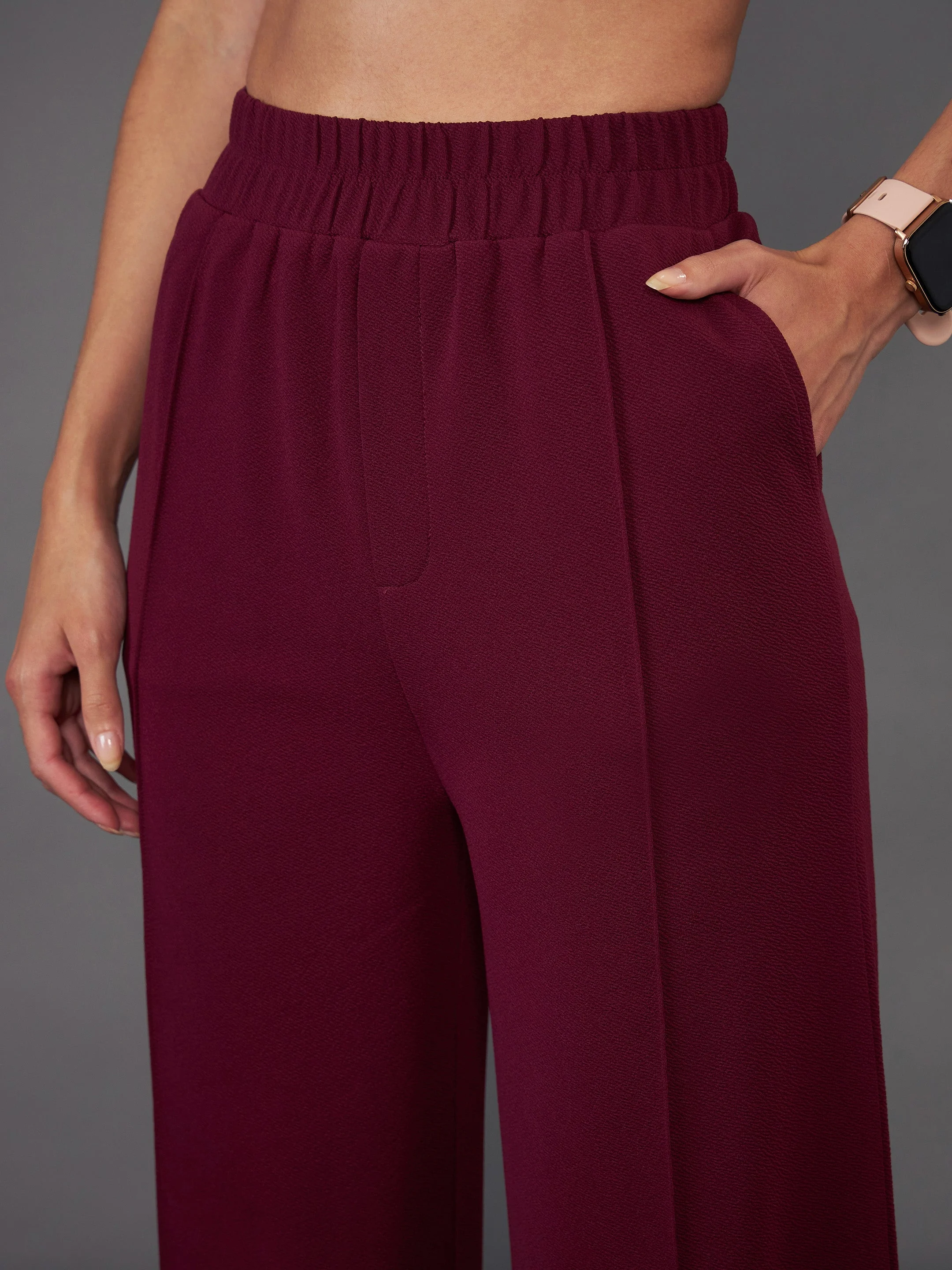 Women Burgundy Front Button Blazer With Palazzo Pants - Image 4
