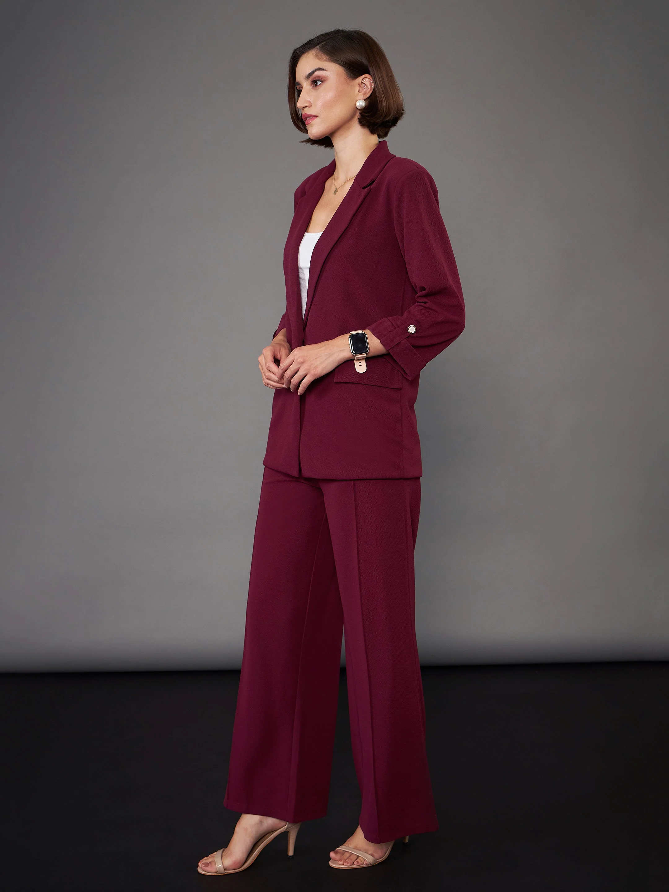 Women Burgundy Front Button Blazer With Palazzo Pants - Image 5