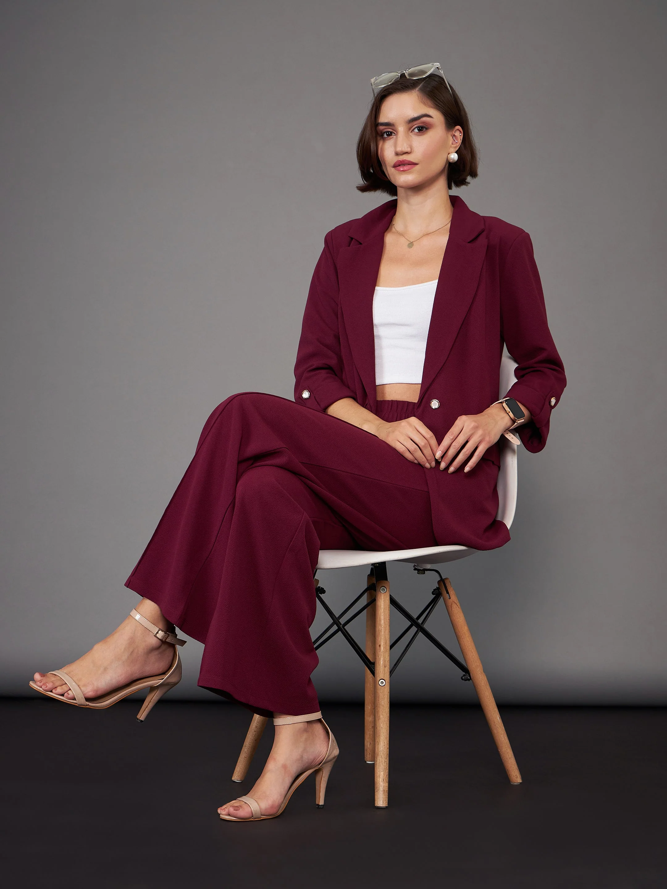 Women Burgundy Front Button Blazer With Palazzo Pants - Image 6