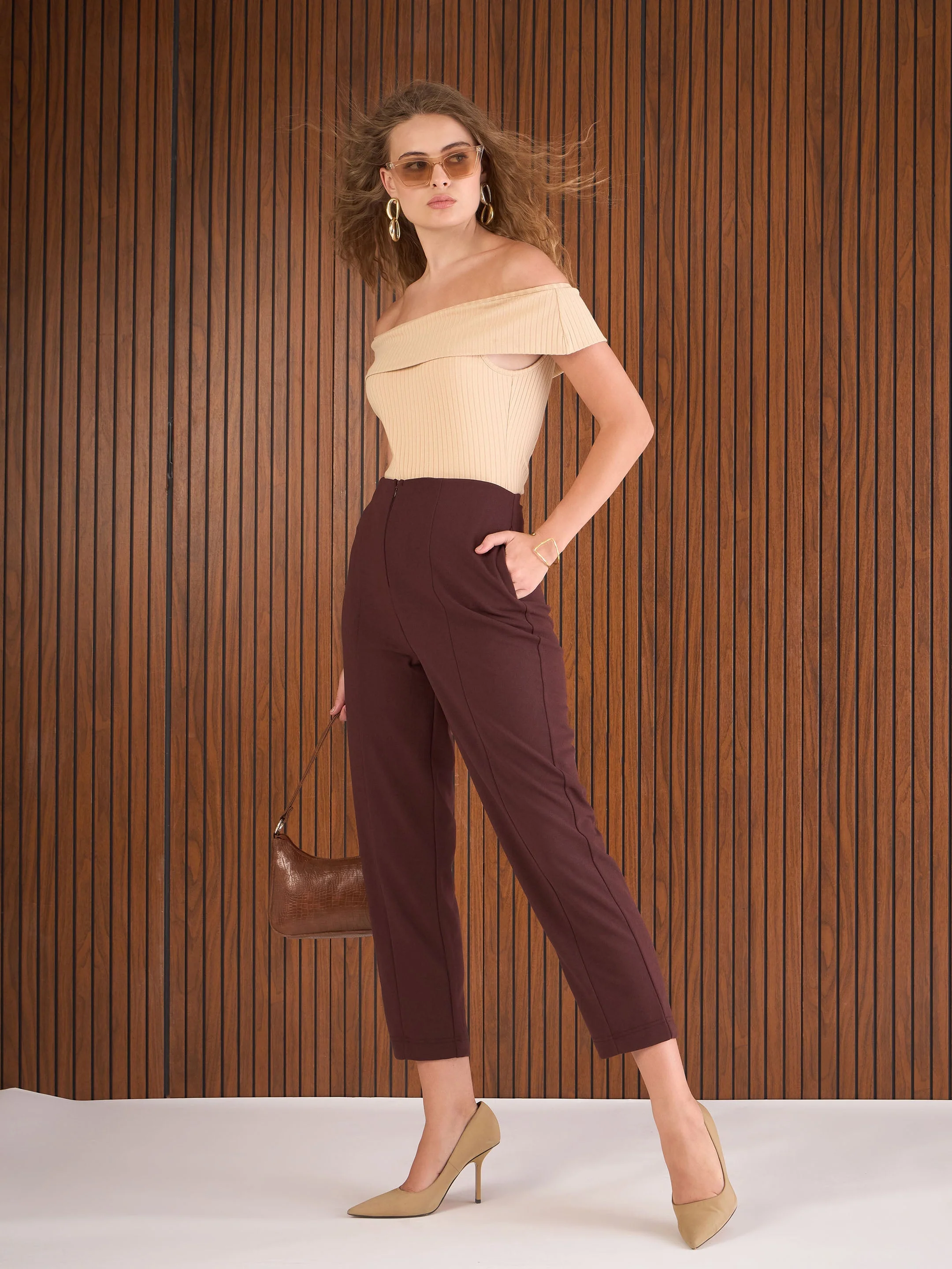 Women Burgundy Front Darted High Waisted Pants - Image 2