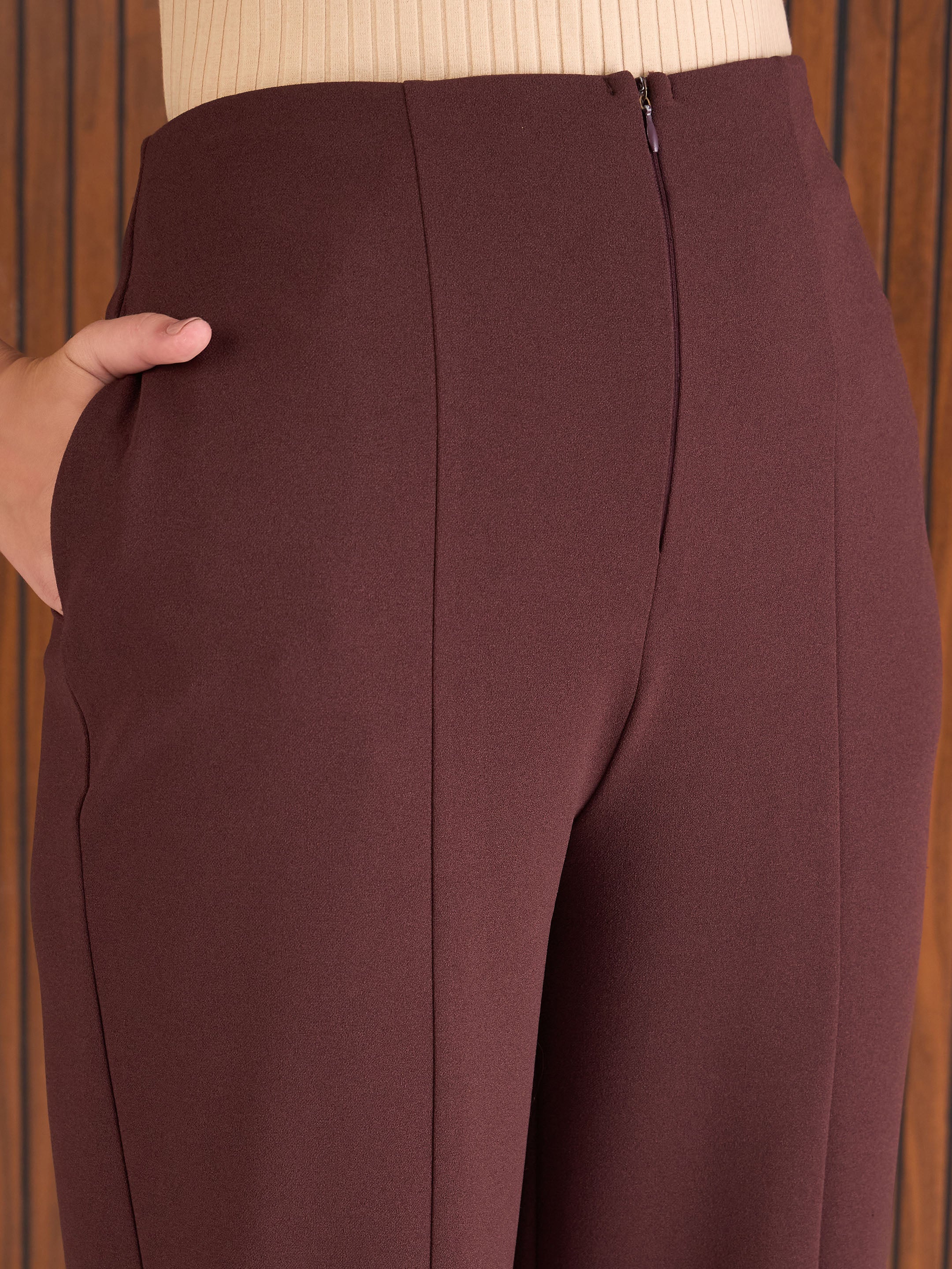 Women Burgundy Front Darted High Waisted Pants - Image 4