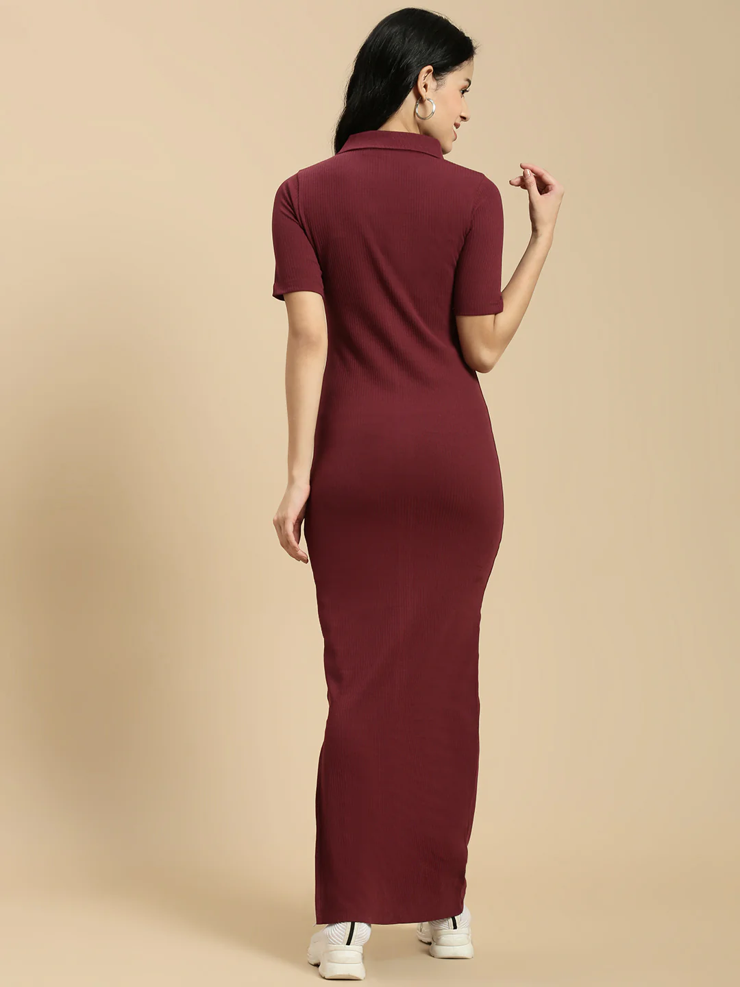 Women Burgundy Half Sleeve Dress - Image 3