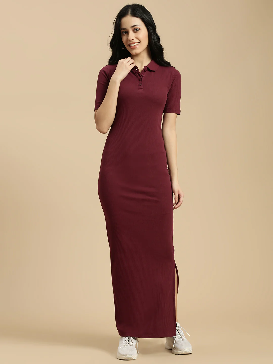 Women Burgundy Half Sleeve Dress - Image 5