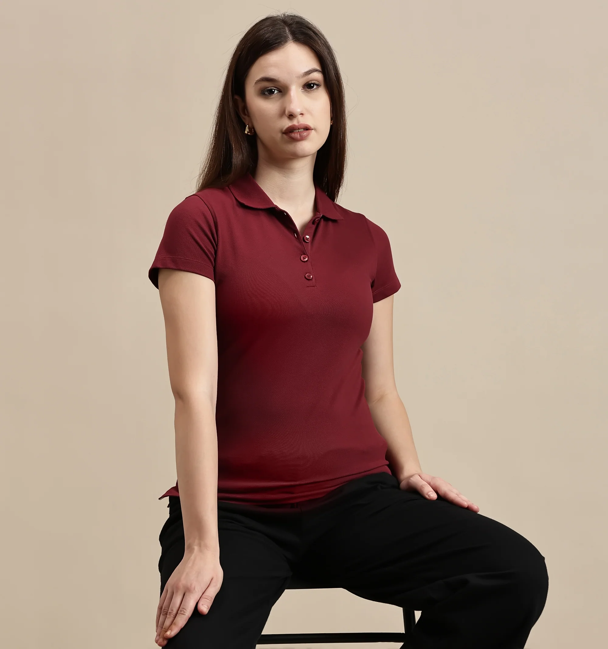 Women Burgundy Half Sleeve Top - Image 2