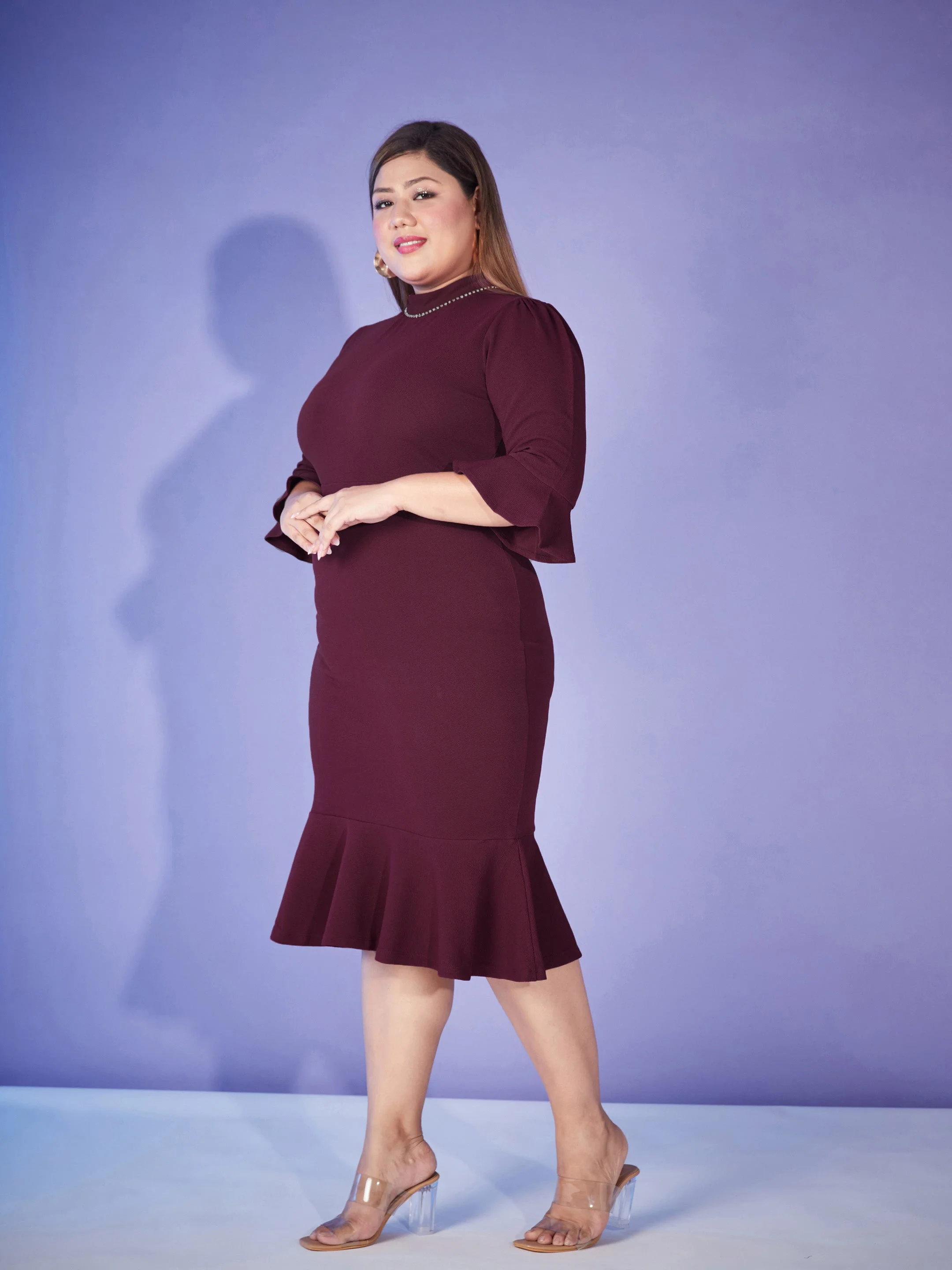 Women Burgundy Hem Frill Diamante Neck Bodycon Dress - Image 3